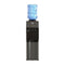 A Black Stainless Top Load Water Cooler - 520 Series, featuring a durable stainless steel finish, with a large blue water jug on top and three spouts for dispensing hot, cold, and room temperature water.