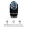 Top view of the Black Stainless Top Load Water Cooler - 520 Series, featuring buttons labeled hot, room, and cold with a water bottle positioned on top. Sleek black stainless steel accents add style, while icons and text below explain the cooler dispenses hot, room-temperature, and cold water instantly.