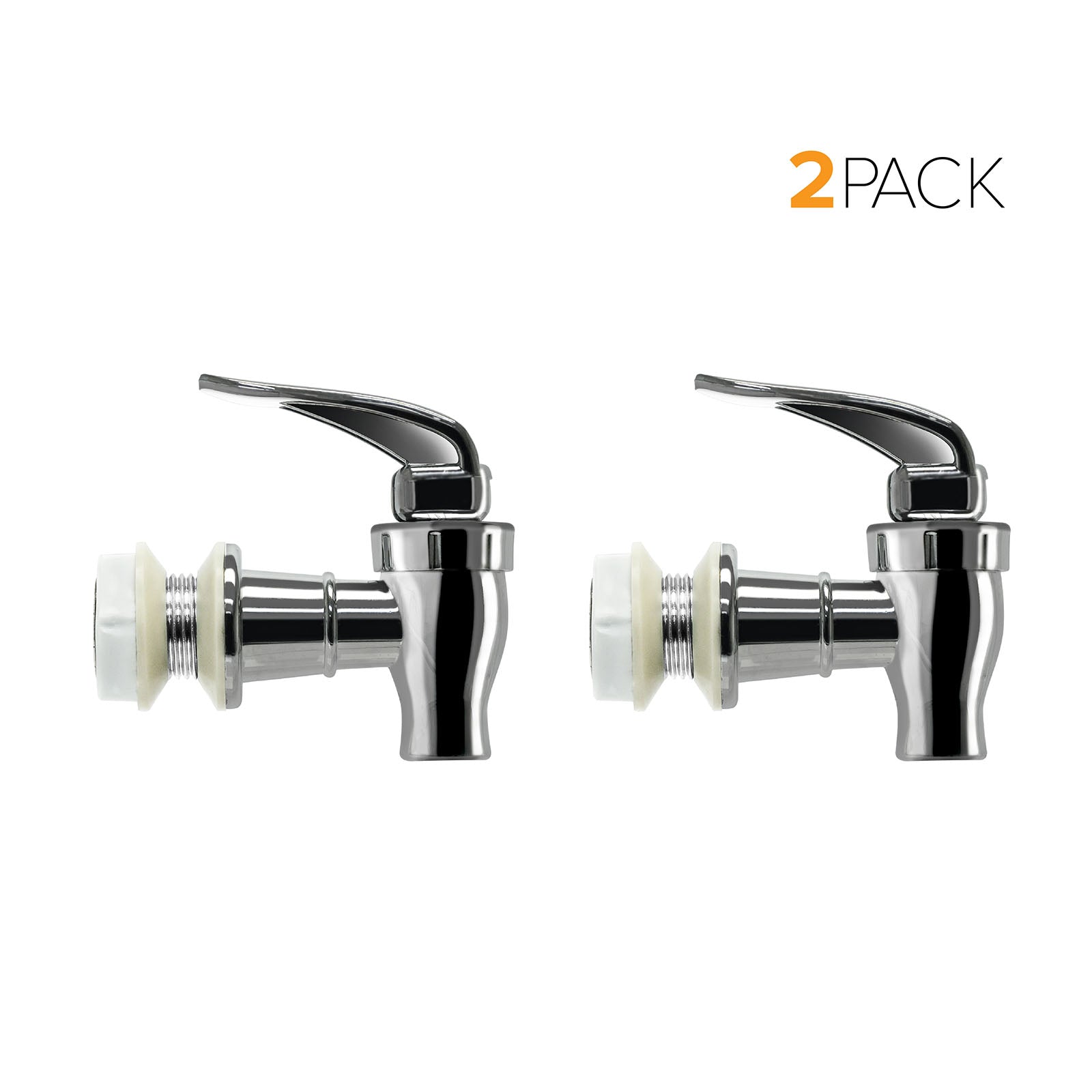Two Brio Water Dispenser Replacement Valves (2-Pack) in chrome are shown side by side on a white background. BPA free and ideal for water bottle dispensers or porcelain water crocks. "2 PACK" in the top right denotes two valves included.