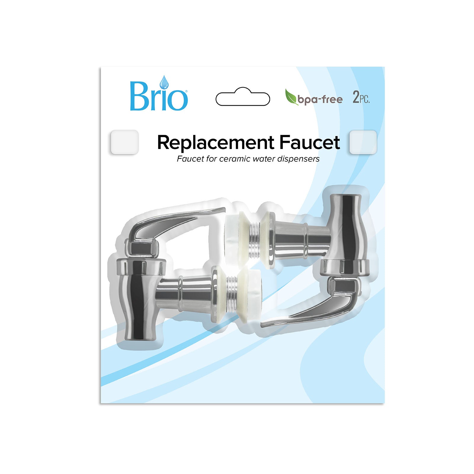 Packaging for Brio Water Dispenser Replacement Valves (2-Pack) – Multiple Colors, featuring two silver valves for porcelain crocks or water dispensers. BPA free and "2pc" are highlighted on a blue and white accented background.