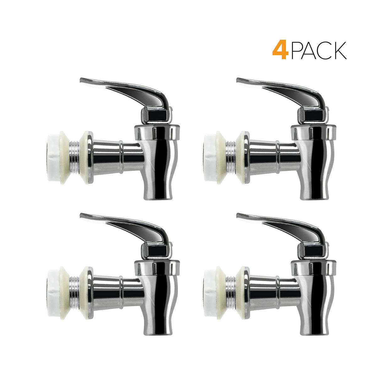 Four Water Dispenser Replacement Valves (4-Pack) with black handles, shown in a grid on a white background. Ideal for porcelain water crocks or water bottle dispensers. Top right text: 4 PACK (4 in orange, PACK in black).