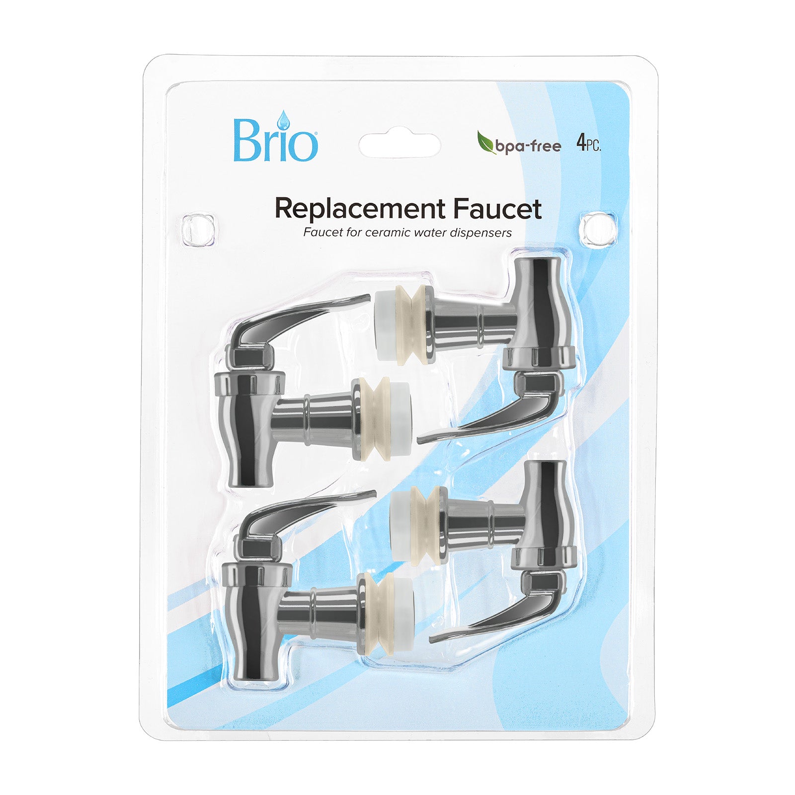 A 4-pack of Brio Water Dispenser Replacement Valves in multiple colors, BPA-free, packaged in clear plastic labeled "Replacement Faucet" on a white and blue background for water bottle dispensers or porcelain crocks.