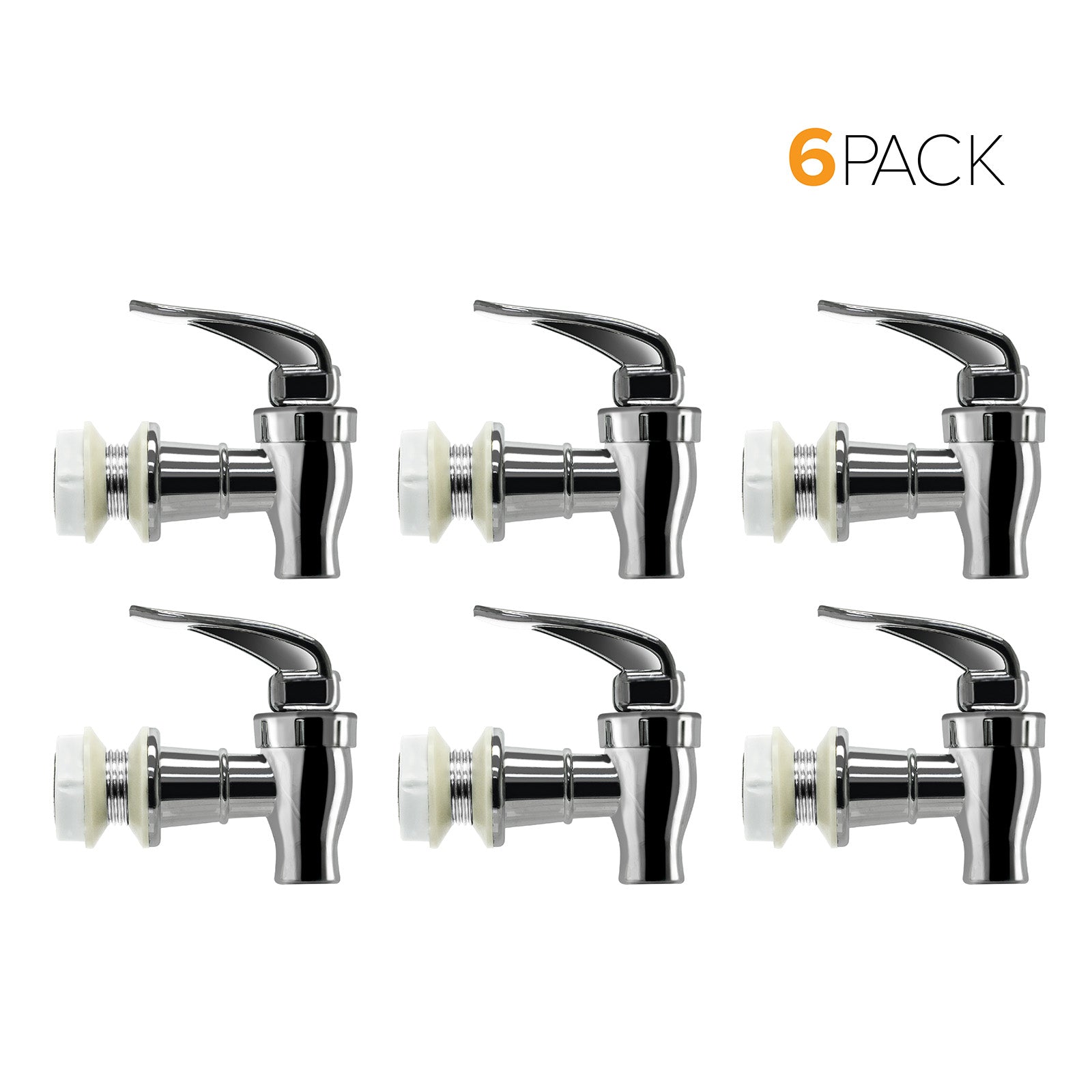 Six Brio Water Dispenser Replacement Valves (6-Pack) in chrome with black levers are shown in two rows of three on a white background. BPA-free, perfect for water bottle dispensing. "6 PACK" appears in black and orange letters at the top right.