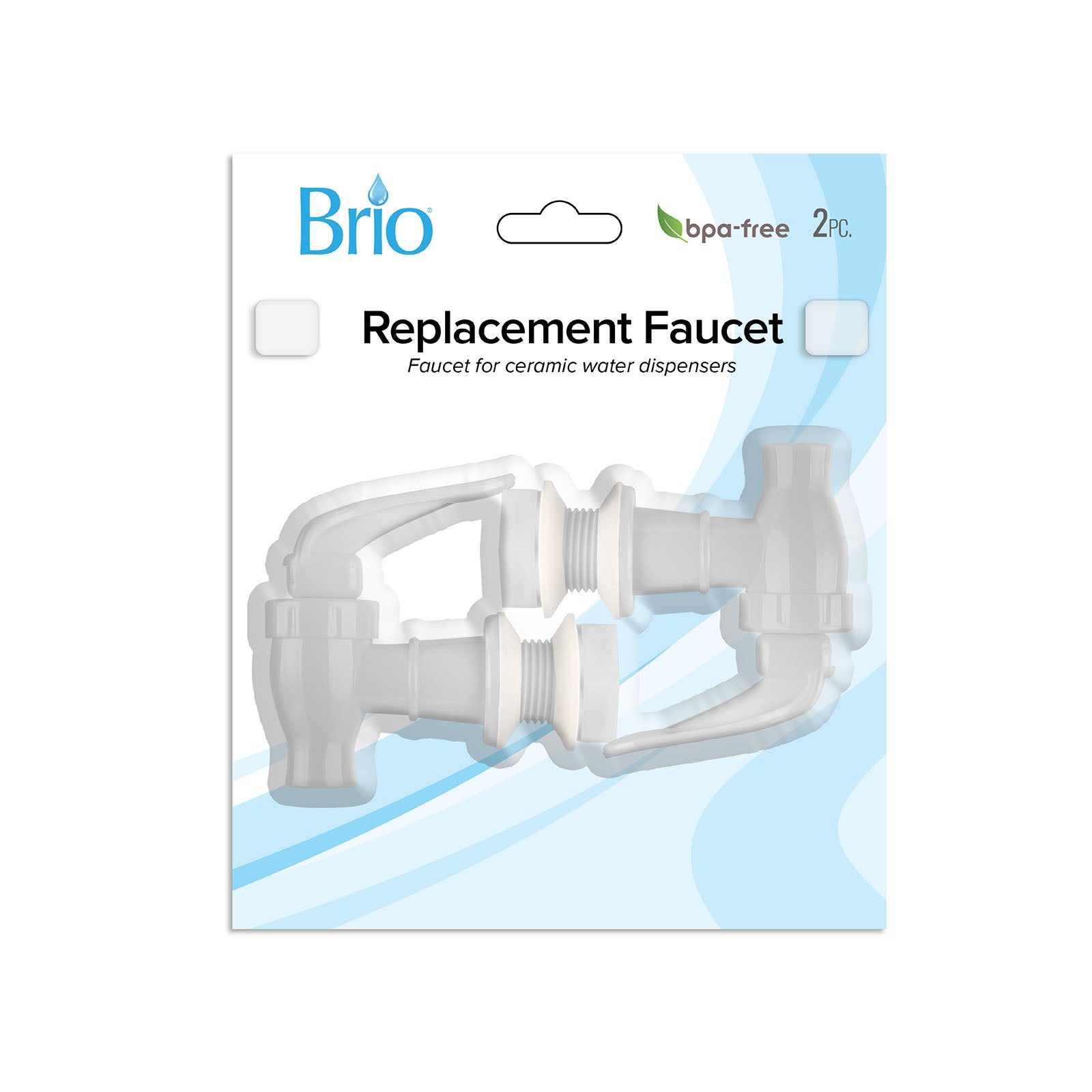 Two white Brio Water Dispenser Replacement Valves (2-Pack) are shown in clear packaging labeled “BPA free” against a white and blue background. Suitable for water bottle dispensers or porcelain water crocks.