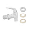 A pack of 4 BPA-free Water Dispenser Replacement Valves in multiple colors, each with a lever handle, white threaded nut, and two beige washers—perfect for water bottle dispensers or porcelain water crocks.