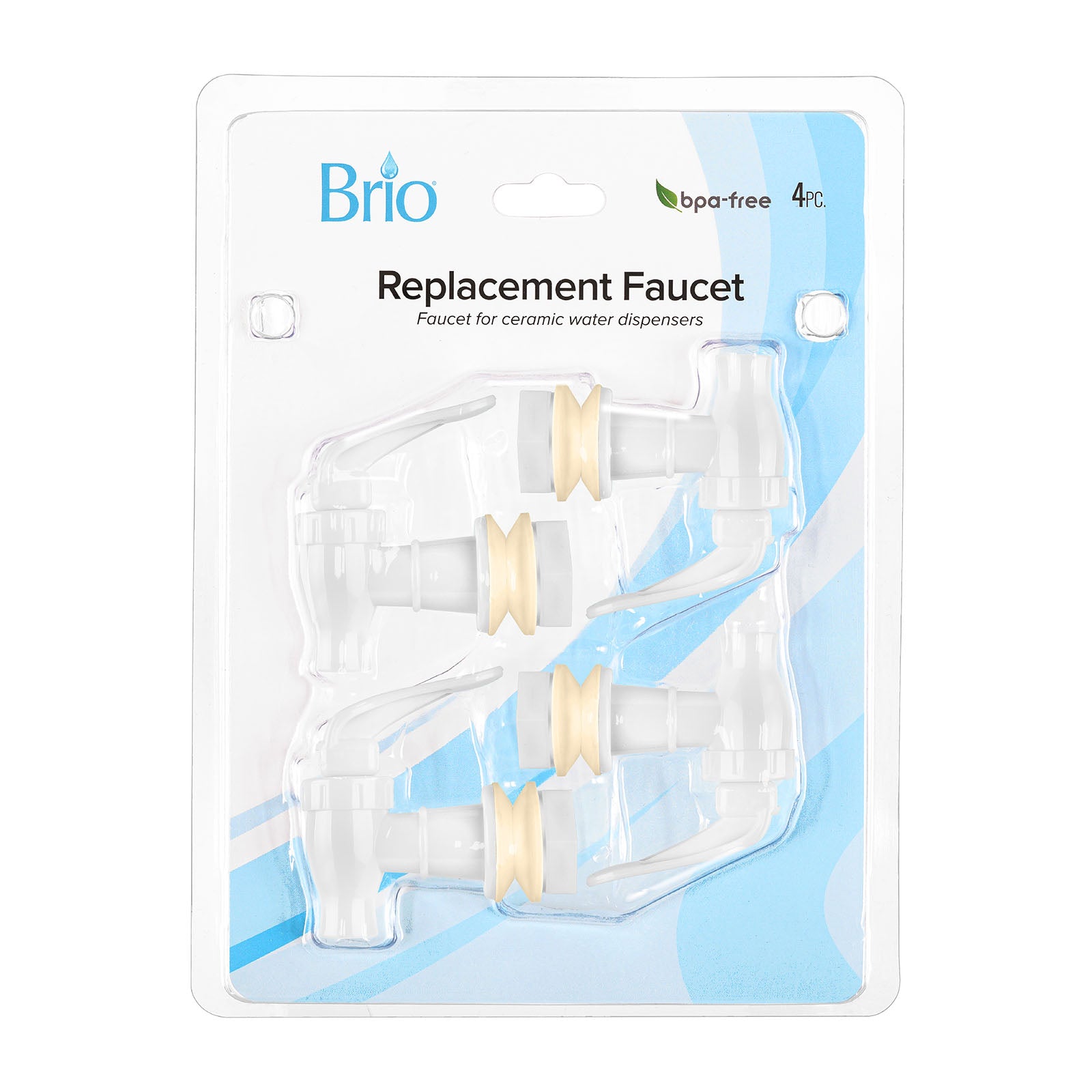 Brio Water Dispenser Replacement Valves (4-Pack) – Multiple Colors; BPA-free valves designed for water bottle dispensers or porcelain crocks, each pack includes four white plastic faucets with beige washers.