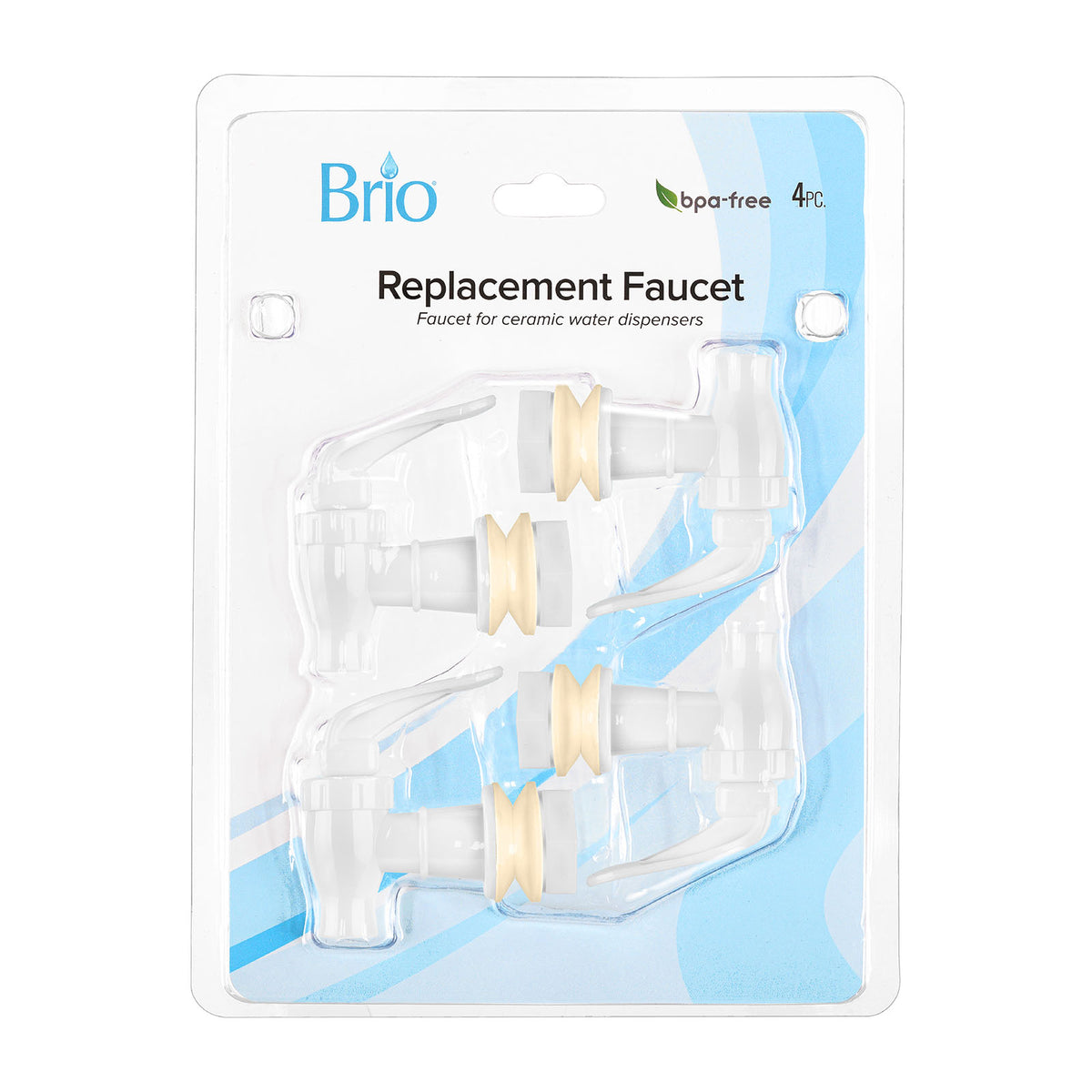 A pack labeled Water Dispenser Replacement Valves (4-Pack) - Multiple Colors includes four BPA-free white and beige plastic spouts for porcelain water crocks/dispenser bottles, with blue accents highlighted on the packaging.