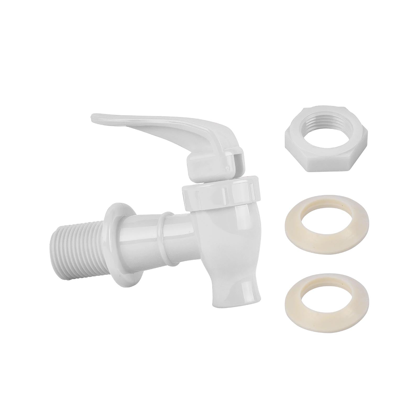 Brio Water Dispenser Replacement Valves (6-Pack) in white are BPA-free plastic taps with lever handles for water bottle dispensers. Each set includes a plastic nut and two beige washers, all shown on a plain white background.