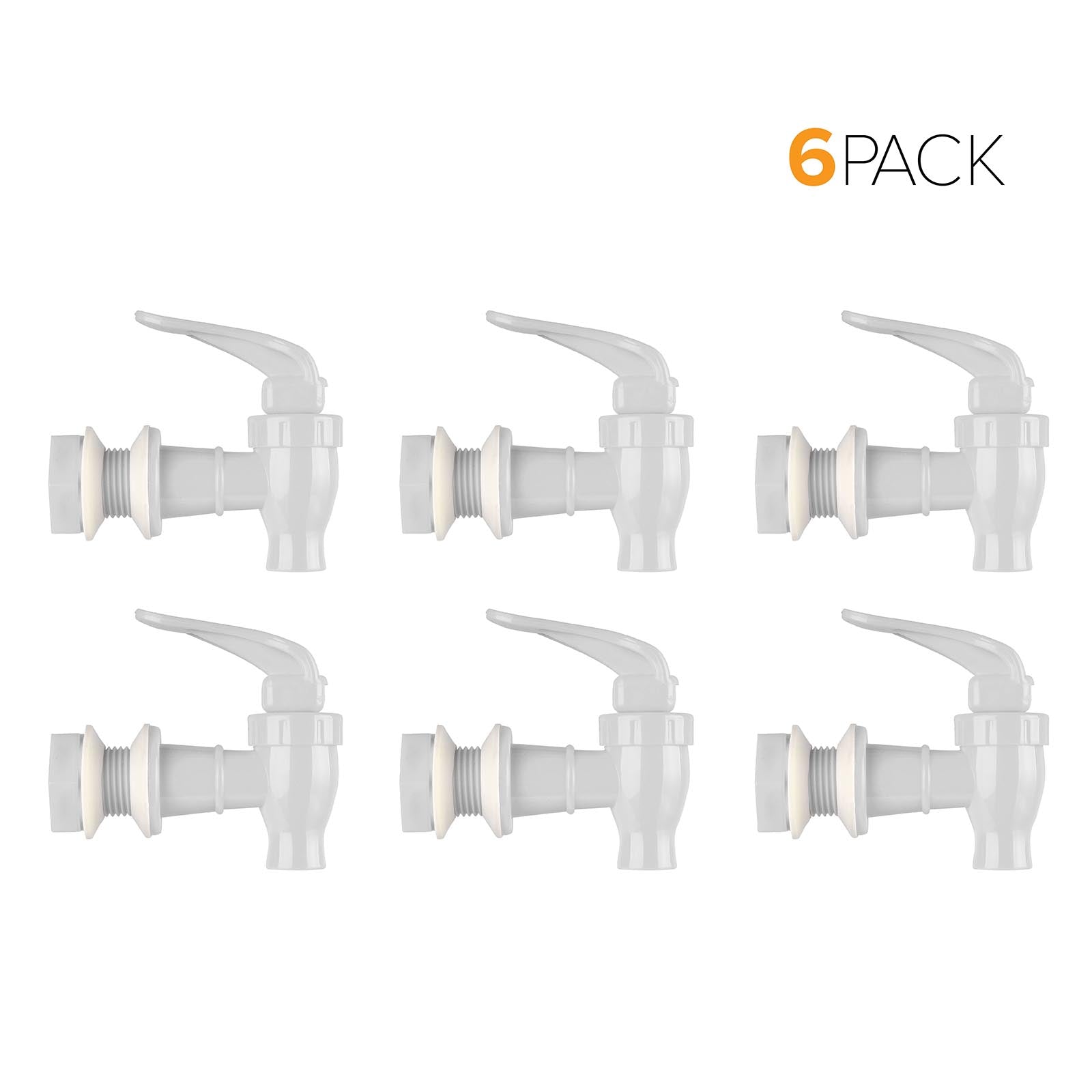Six Brio Water Dispenser Replacement Valves (6-Pack) in multiple colors are shown arranged in two rows of three with handles, against a white background. "6 PACK" appears in black and orange text in the upper right corner.