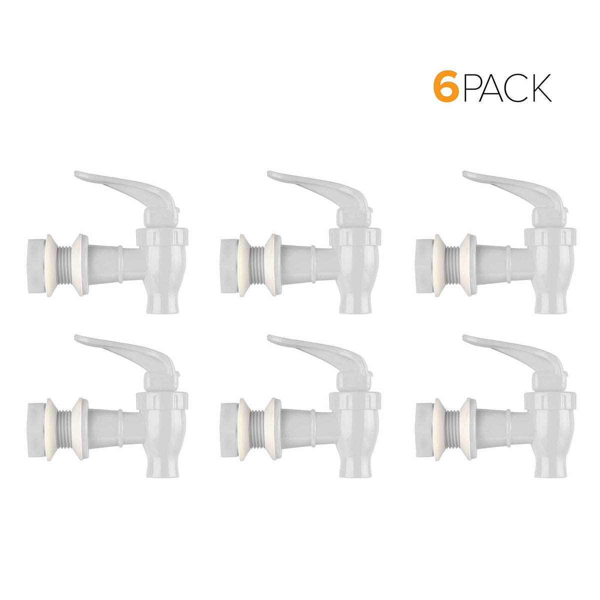 Six Brio Water Dispenser Replacement Valves (6-Pack, multiple colors) are displayed in two rows of three on a white background, BPA-free and ideal for water bottles or porcelain crocks. The 6-pack label appears in the top right corner.