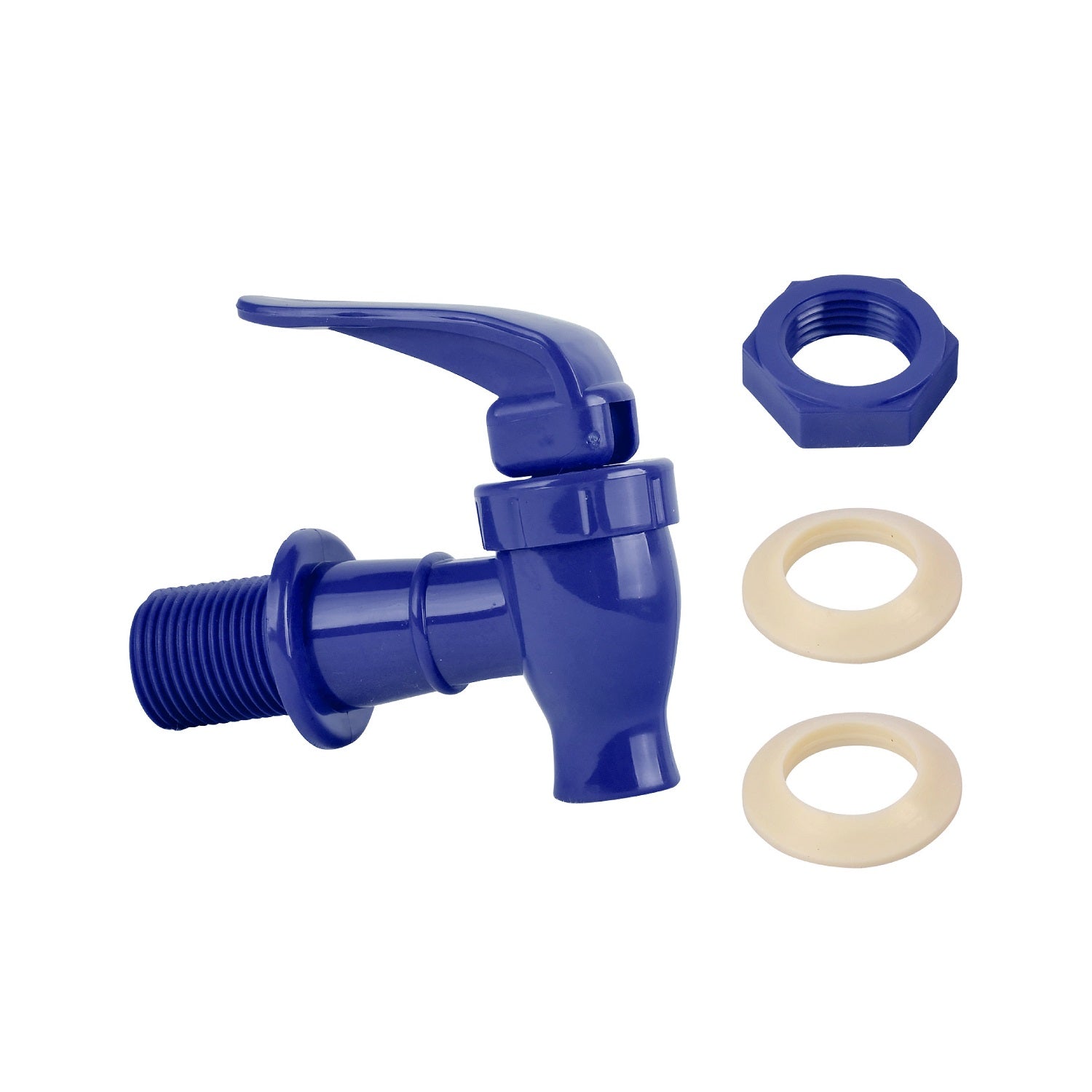 Brio Water Dispenser Replacement Valves (2-Pack) in blue feature lever handles, fit water bottle dispensers and porcelain crocks, and include a blue threaded nut plus two beige washers. Made from BPA-free materials and shown on a white background.