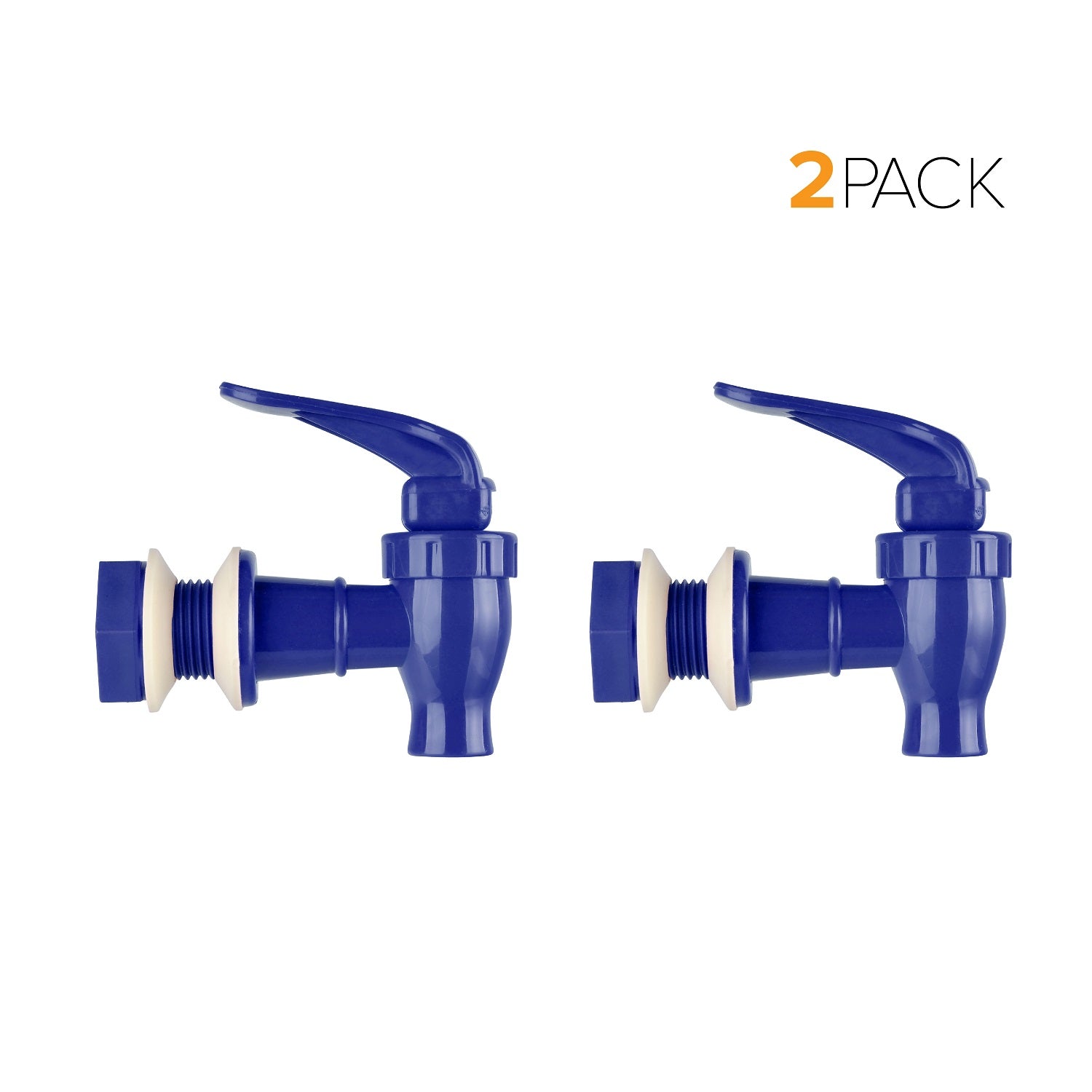 Two Brio Water Dispenser Replacement Valves (2-Pack) in blue BPA-free plastic with white washers are pictured side by side on a white background. "2 PACK" is displayed, perfect for water bottle dispensers or porcelain water crocks.