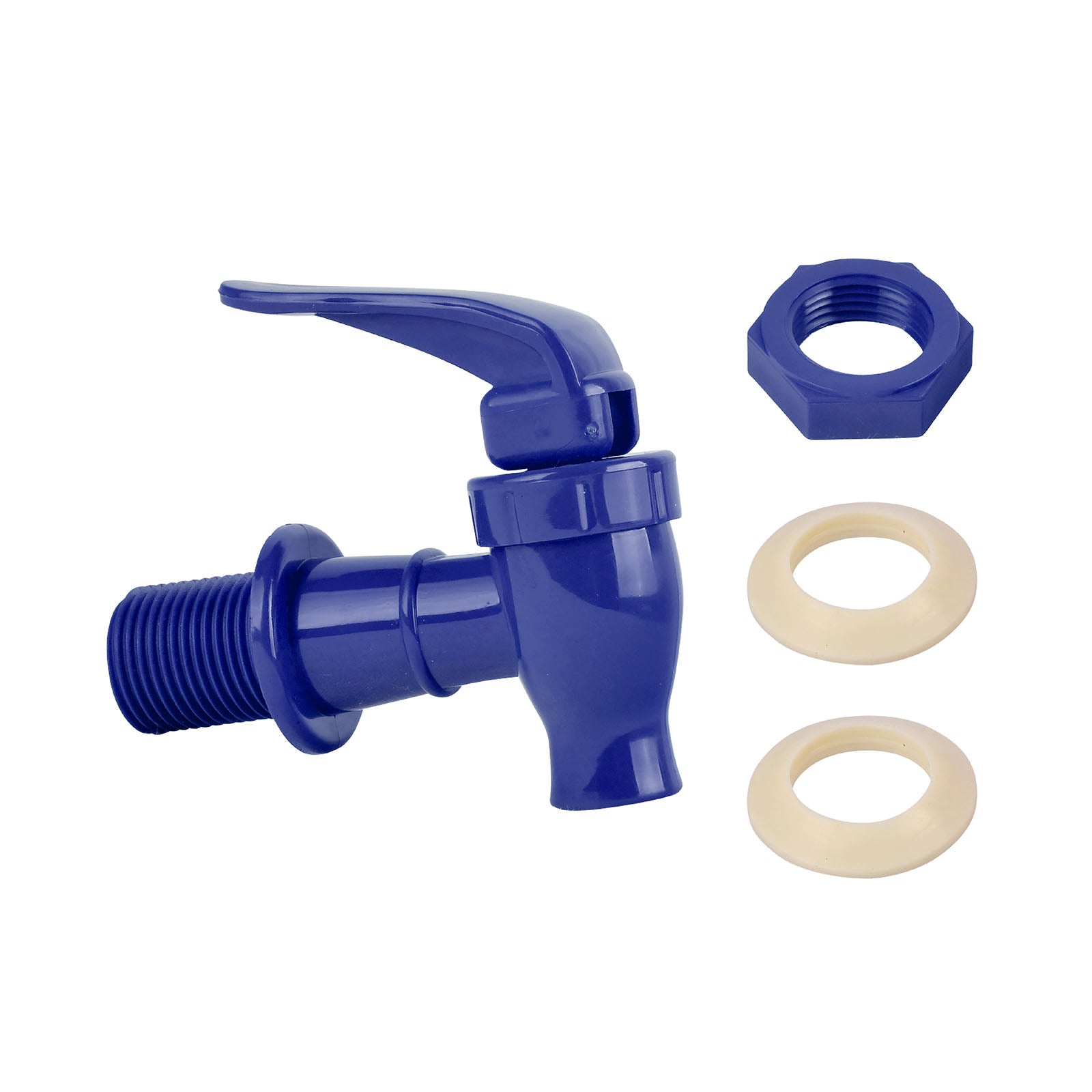 The Brio Water Dispenser Replacement Valves (4-Pack) in blue plastic are BPA-free with lever handles, each set including a blue hex nut and two beige washers—perfect for upgrading your water bottle dispenser or porcelain crock.