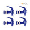 Four Water Dispenser Replacement Valves (4-Pack) in blue with white washers are shown arranged in a grid on a white background, ideal for water bottle dispensers or porcelain crocks. The text "4 PACK" is displayed in the top right corner.