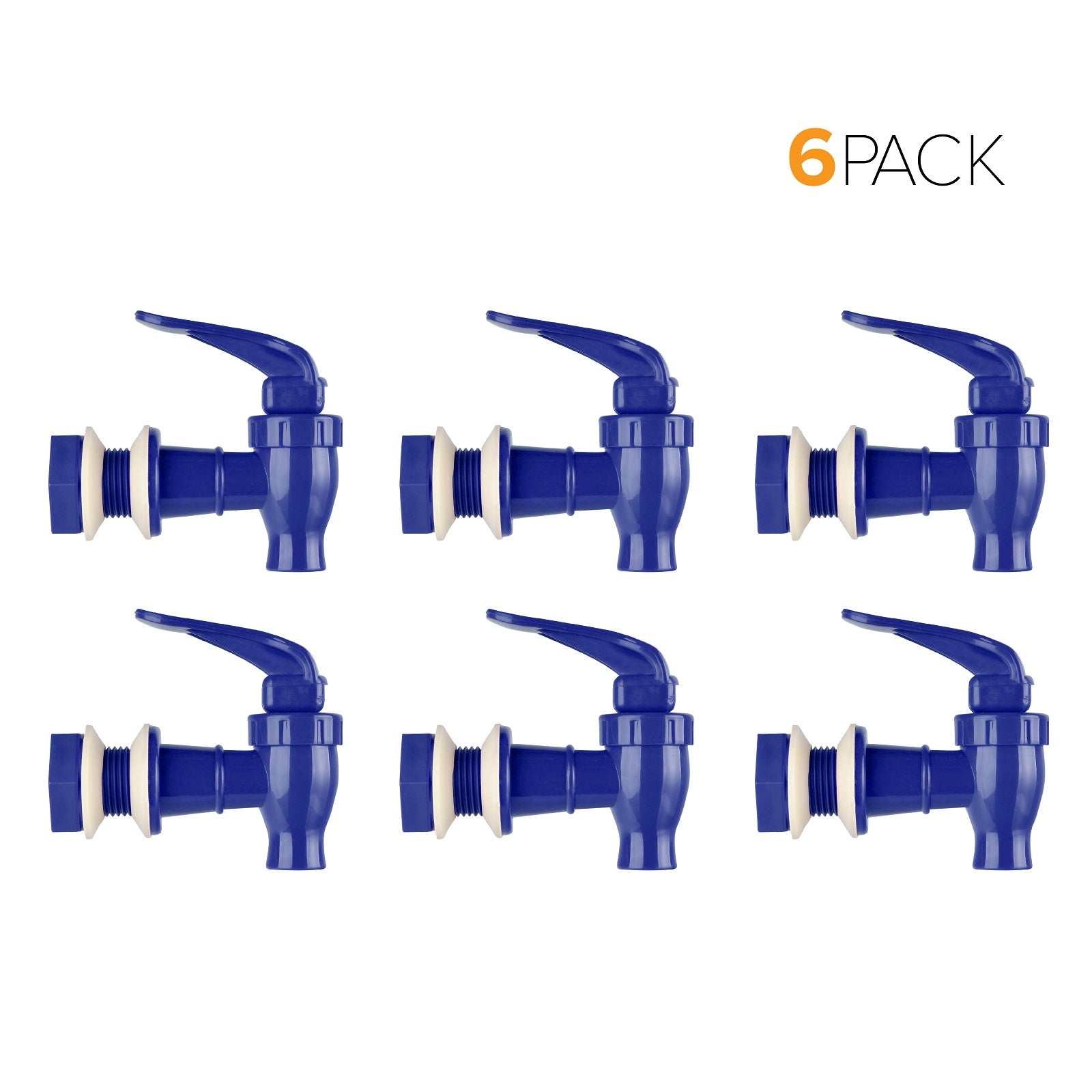 Six Brio Water Dispenser Replacement Valves in blue, made from BPA-free, food-grade plastic with white threaded connectors, are arranged in two rows of three. "6-Pack" appears in black and orange in the top right corner.