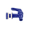 A blue Brio Water Dispenser Replacement Valve with a lever handle, shown side view on white. BPA-free, features a threaded section and two white washers for mounting; ideal for water dispensers and porcelain crocks.