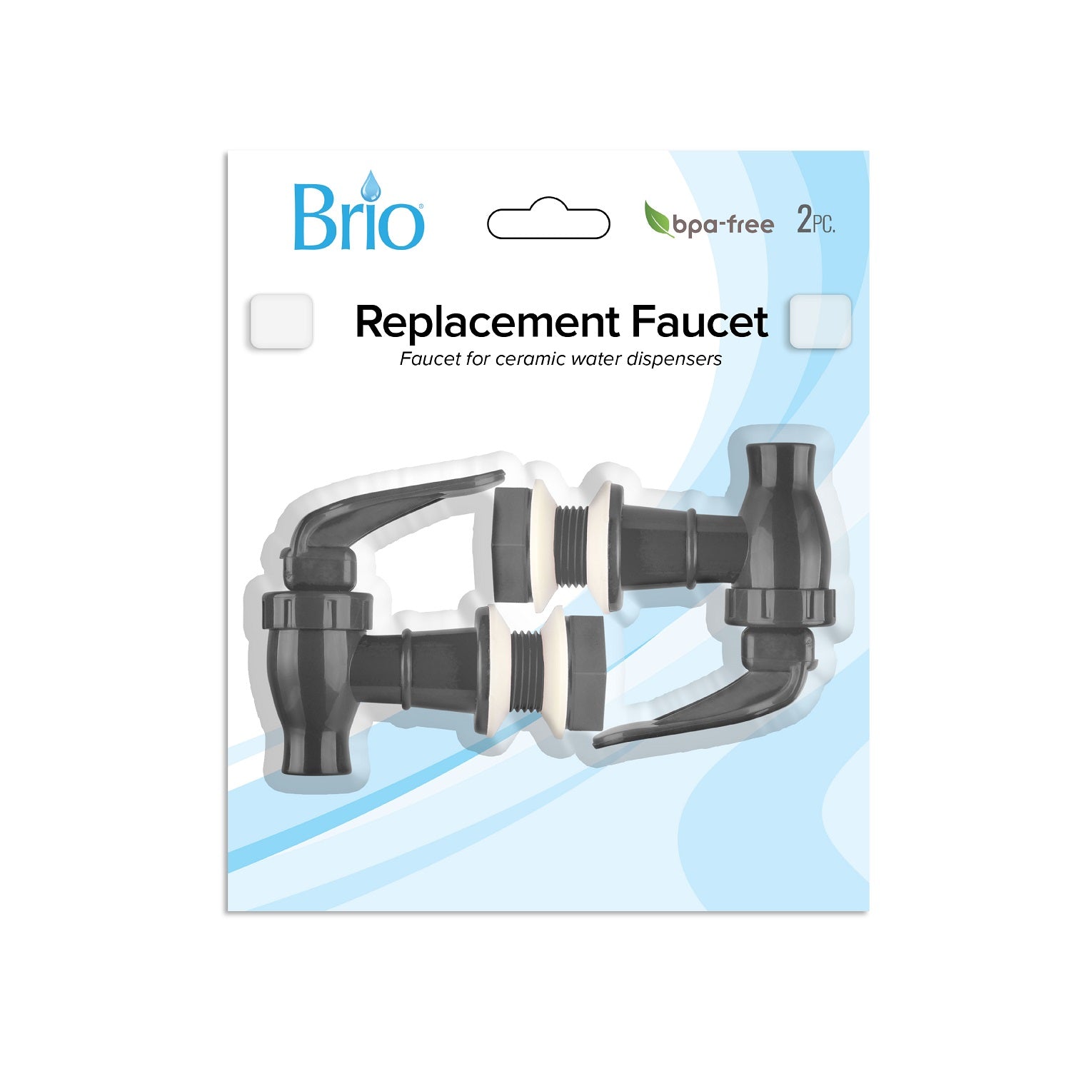 Packaging for Brio Water Dispenser Replacement Valves (2-Pack) – Multiple Colors, featuring two black BPA-free plastic valves for porcelain water crocks or dispensers. The label notes "2 pc." on a white and light blue background.