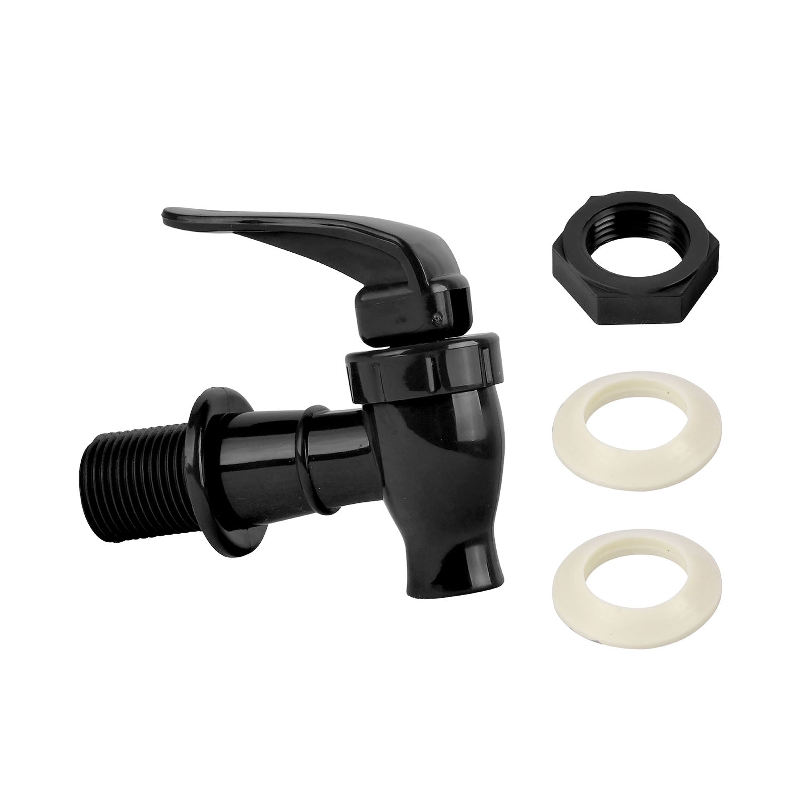 Brio Water Dispenser Replacement Valves (4-Pack) in multiple colors, BPA-free, feature a lever handle and come with black threaded nut and two white washers—ideal for porcelain water crocks or bottle dispensers.