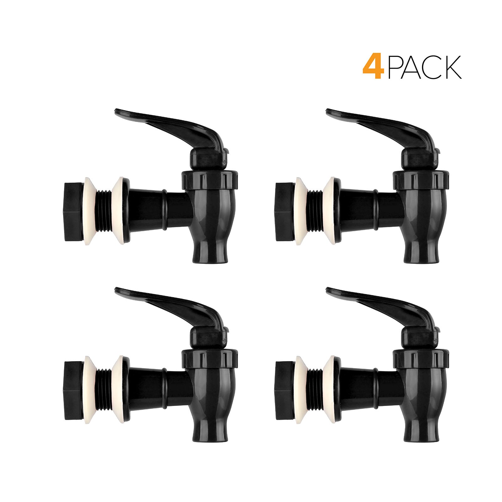 Four Brio Water Dispenser Replacement Valves (4-Pack) in black with white washers, ideal for water bottle dispensers or porcelain crocks. Displayed in two rows on a white background with "4 PACK" at the top right corner.