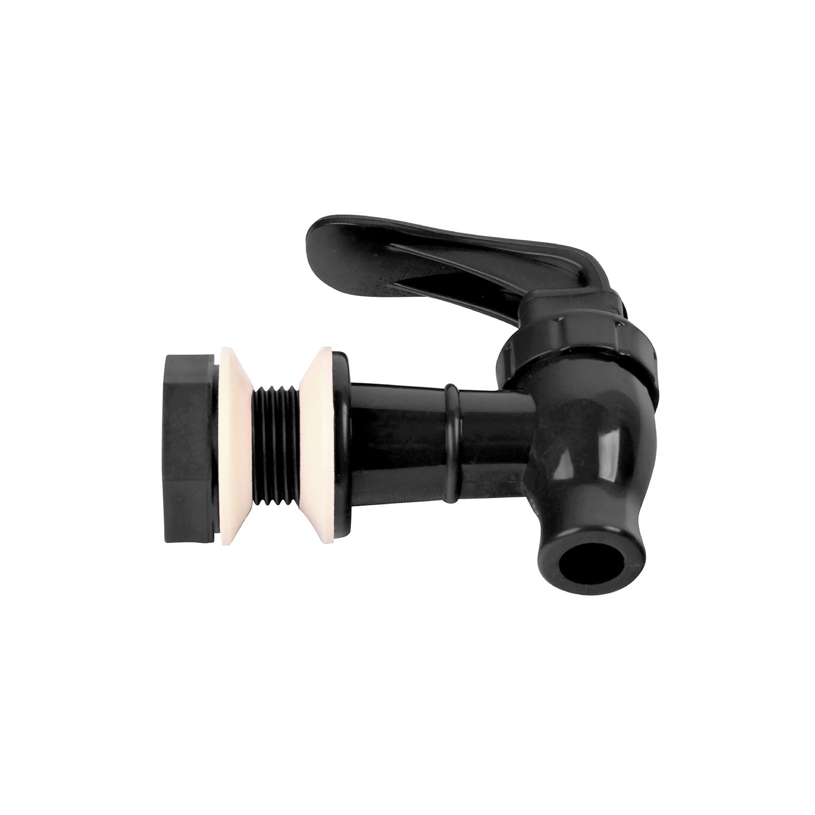 Brio Water Dispenser Replacement Valves (4-Pack) – black plastic spigot tap with a lever handle, threaded base, and two white washers, perfect for BPA-free water bottle dispensers or porcelain crocks. Multiple colors available.