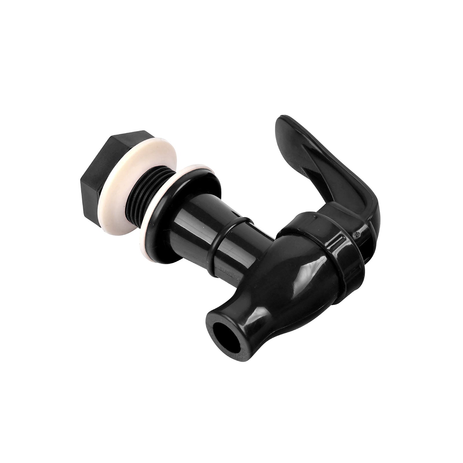Brio Water Dispenser Replacement Valves (4-Pack, Multiple Colors) feature black plastic spigots with lever handles and threaded ends, plus white washers and nuts—perfect for BPA-free water bottle dispensers and porcelain water crocks.