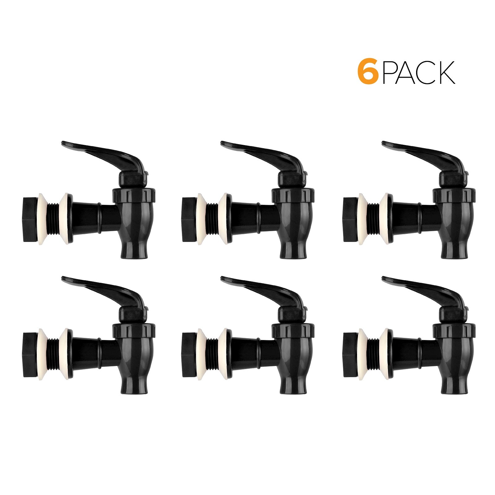 Six Brio Water Dispenser Replacement Valves (6-Pack) in black, made from BPA-free, food-grade plastic with white washers, are shown in two rows of three. "6 PACK" is displayed in the top right corner.