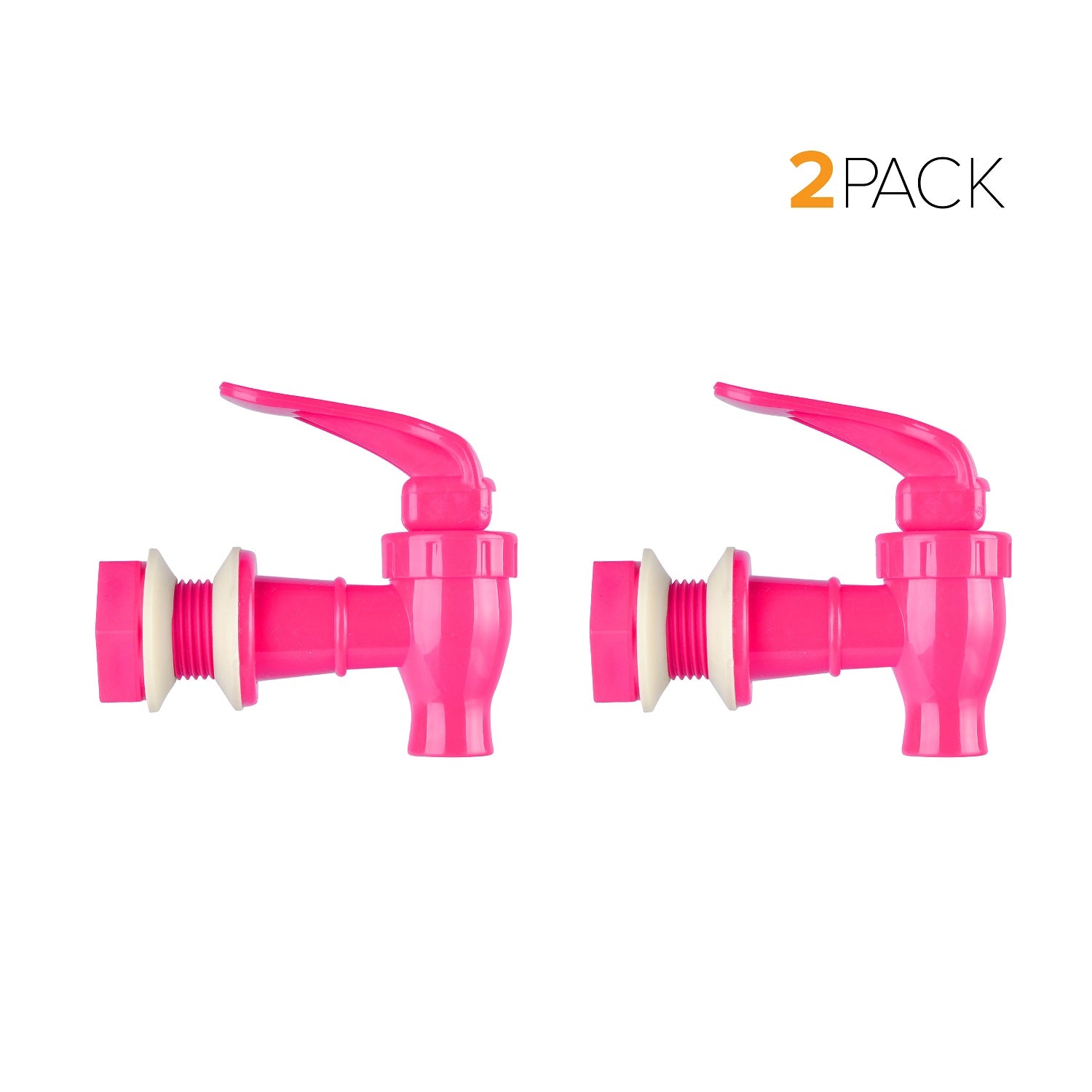 Two Brio Water Dispenser Replacement Valves (2-Pack) in bright pink plastic with white washers, perfect for water bottle dispensers or crocks. Both valves are shown side by side on a white background. “2 PACK” text appears at the upper right.