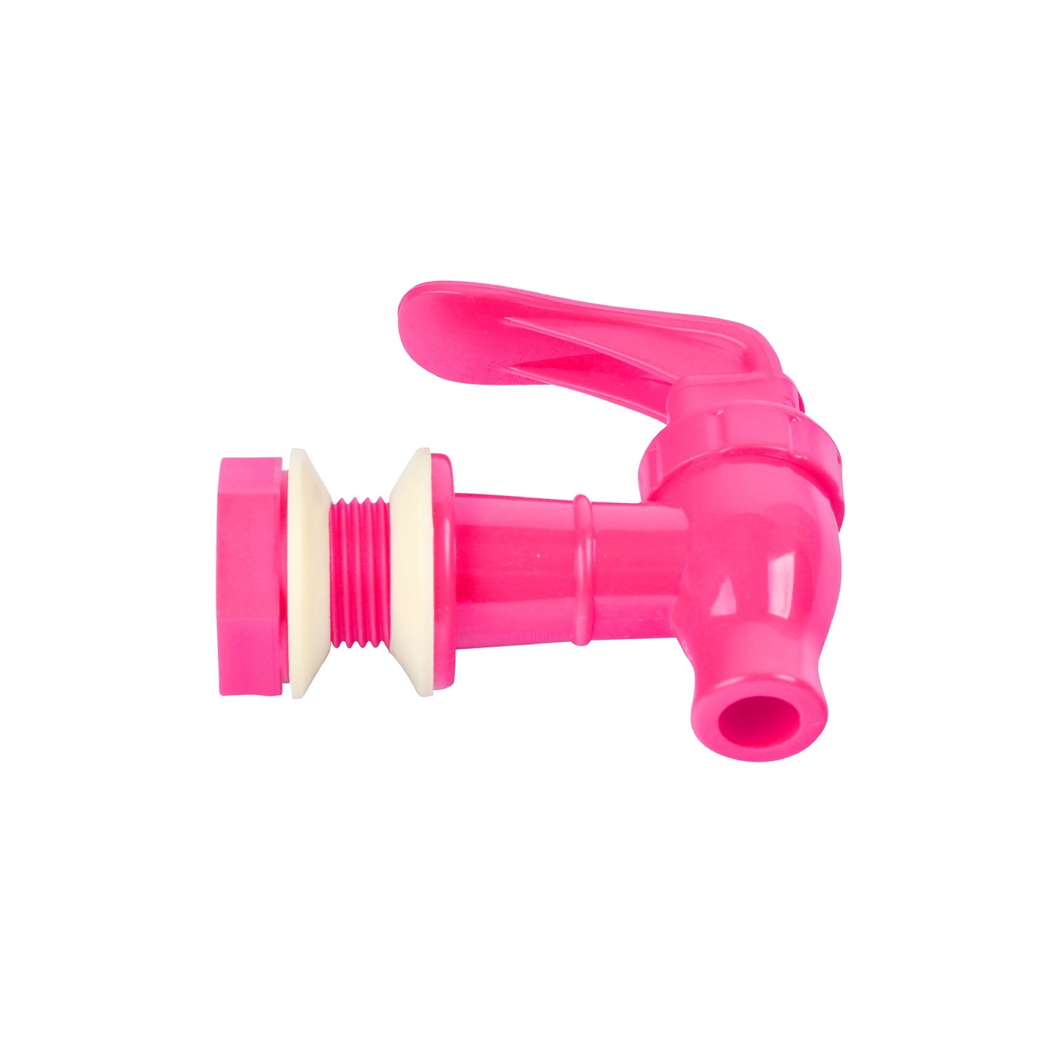 The Brio Water Dispenser Replacement Valves (2-Pack) in bright pink feature a plastic lever handle and threaded end, are BPA free, and perfect for water bottle dispensers. Shown here against a plain white background.