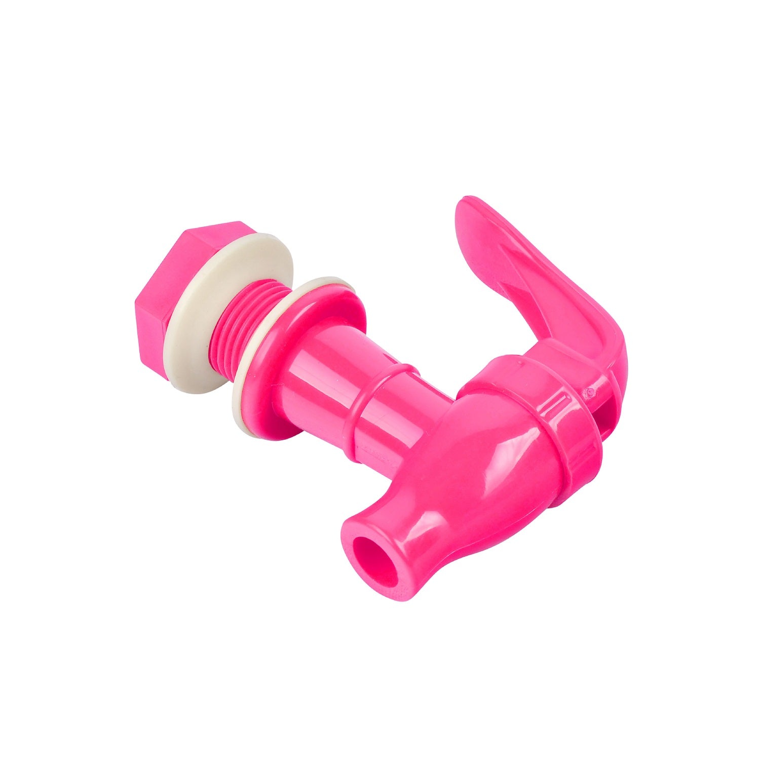 The Brio Water Dispenser Replacement Valves (2-Pack) in bright pink feature a plastic lever handle and white threaded washer, ideal for dispensing liquids from water bottles or dispensers. Shown isolated on a white background.