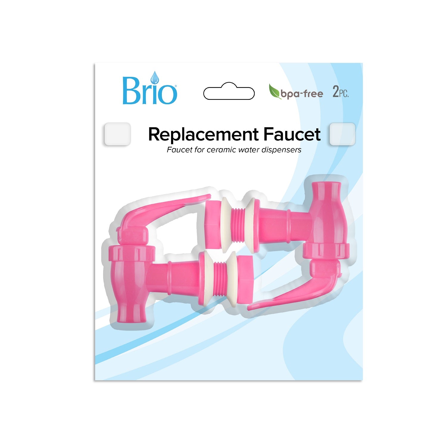 Brio Water Dispenser Replacement Valves (2-Pack), shown in pink, are BPA-free and fit ceramic or porcelain water crocks. Designed for bottle dispensers, they’re displayed on a white and blue background.