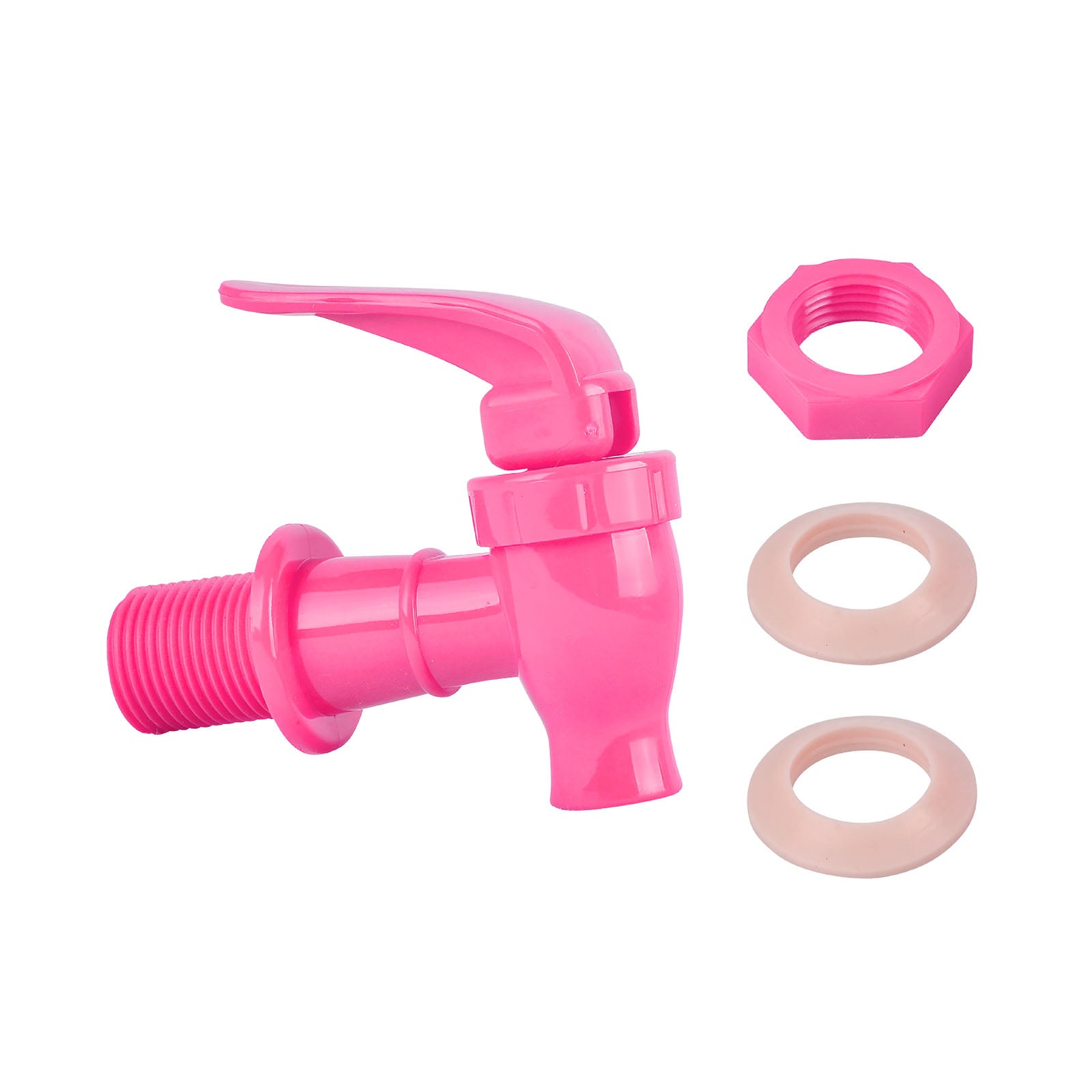 The Brio Water Dispenser Replacement Valves (4-Pack) in bright pink includes a lever handle, matching nut, and two beige washers—perfect for BPA-free bottles. Shown on a white background. Available in multiple colors.