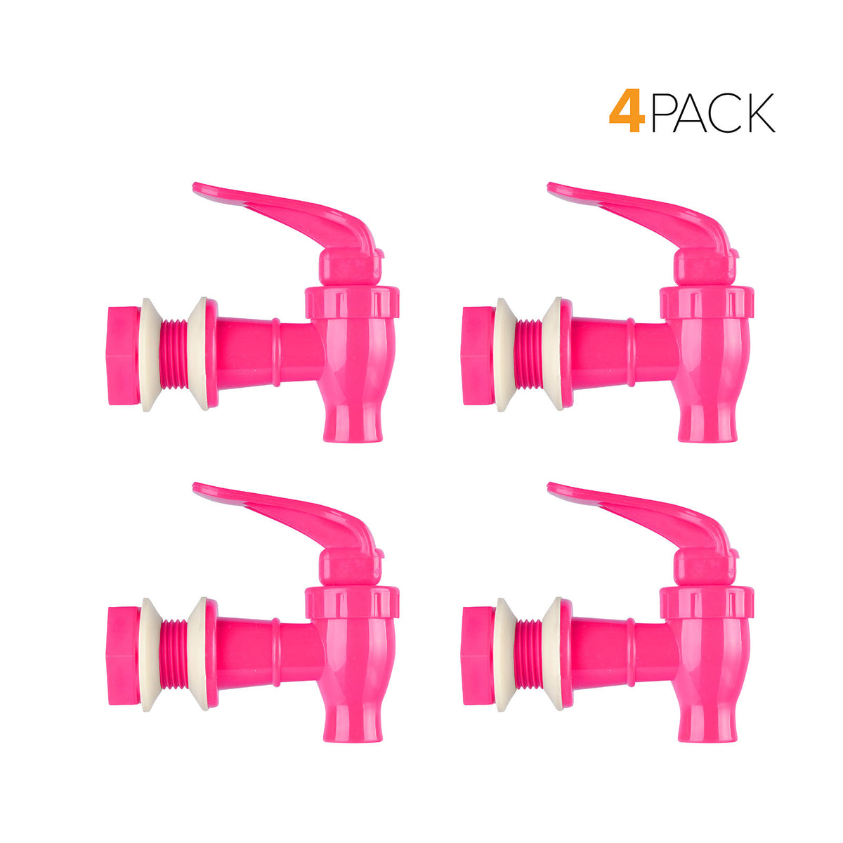 Four Water Dispenser Replacement Valves (4-Pack) in bright pink with white washers are shown in two rows, ideal for BPA-free water bottle dispensers or porcelain crocks. "4 PACK" appears in the upper right corner. Available in multiple colors.