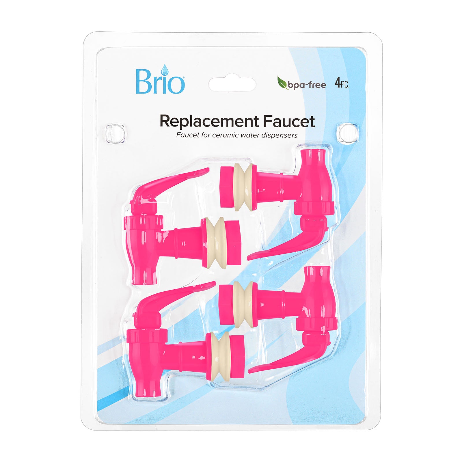 The Brio Water Dispenser Replacement Valves (4-Pack) in pink come with beige washers, fit porcelain water crocks or bottle dispensers, and are BPA free.