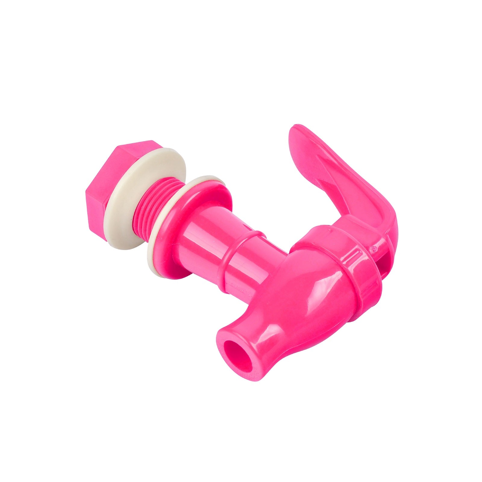 The Brio Water Dispenser Replacement Valves (6-Pack) in bright pink are made from BPA-free, food-grade plastic with a lever handle and threaded connector, plus a white washer—all shown on a white background.