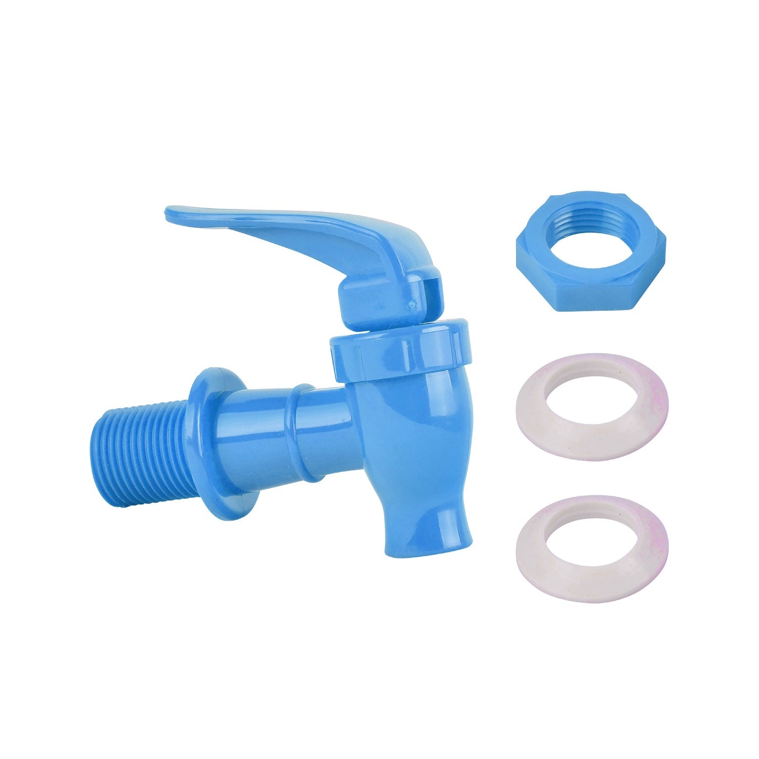 The Brio Water Dispenser Replacement Valves (2-Pack) in blue are BPA free, include a handle, matching nut, and two translucent washers—ideal for porcelain water crocks or bottle dispensers. All parts are displayed on a white background.