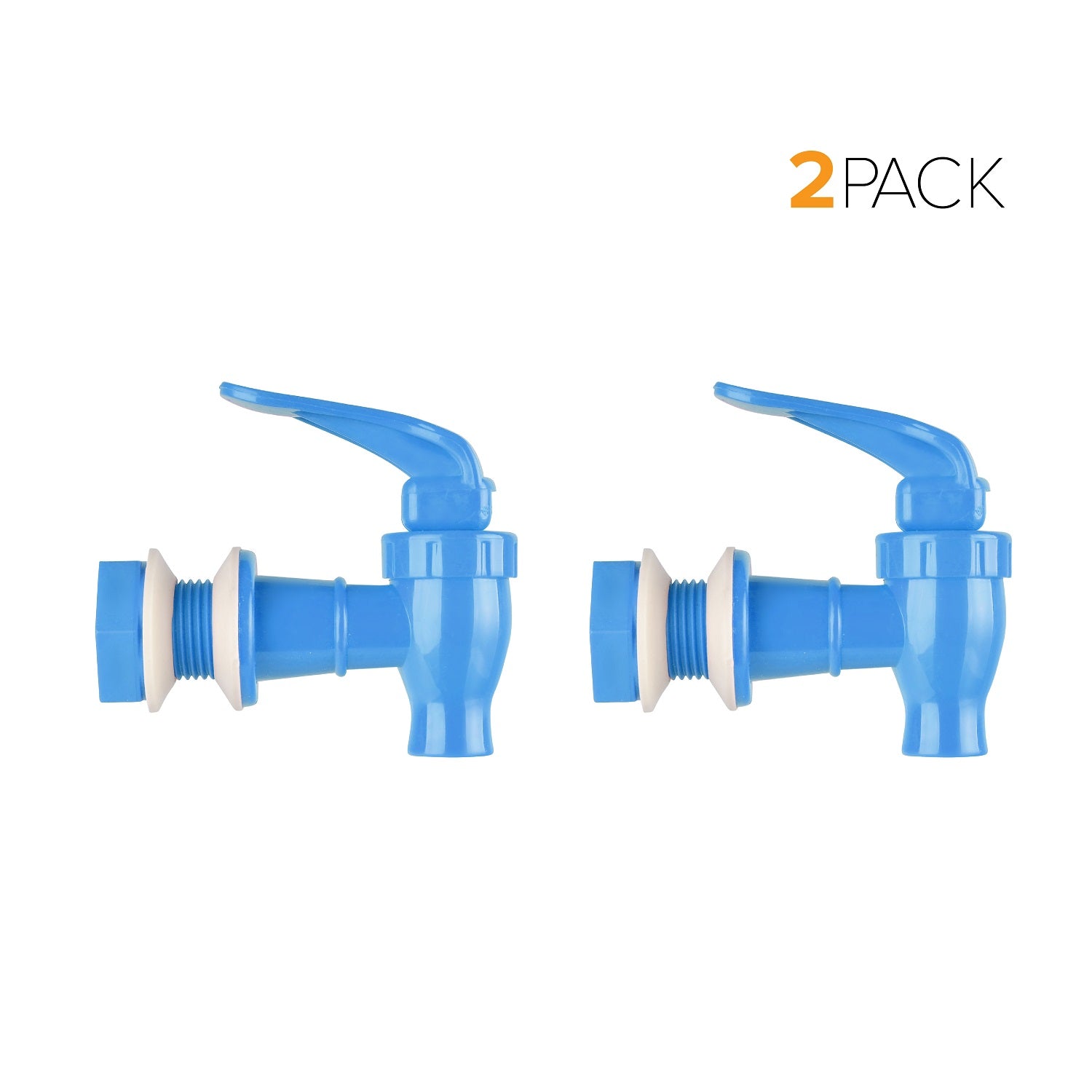 Two Brio Water Dispenser Replacement Valves (2-Pack) in blue with white washers are shown side by side on a white background. "2 PACK" is displayed in the upper right. Made from BPA-free materials, available in multiple colors.