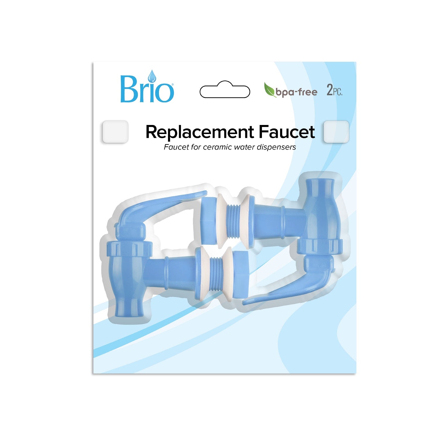 The Brio Water Dispenser Replacement Valves (2-Pack) feature blue and white BPA-free plastic spouts, perfect for porcelain or ceramic water dispensers. Suitable for use with crock or bottle dispensers.