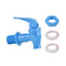 A set of Water Dispenser Replacement Valves (4-Pack) in blue plastic, each with a handle, matching nut, and two white washers, designed for BPA-free bottle dispensers, is displayed on a white background.