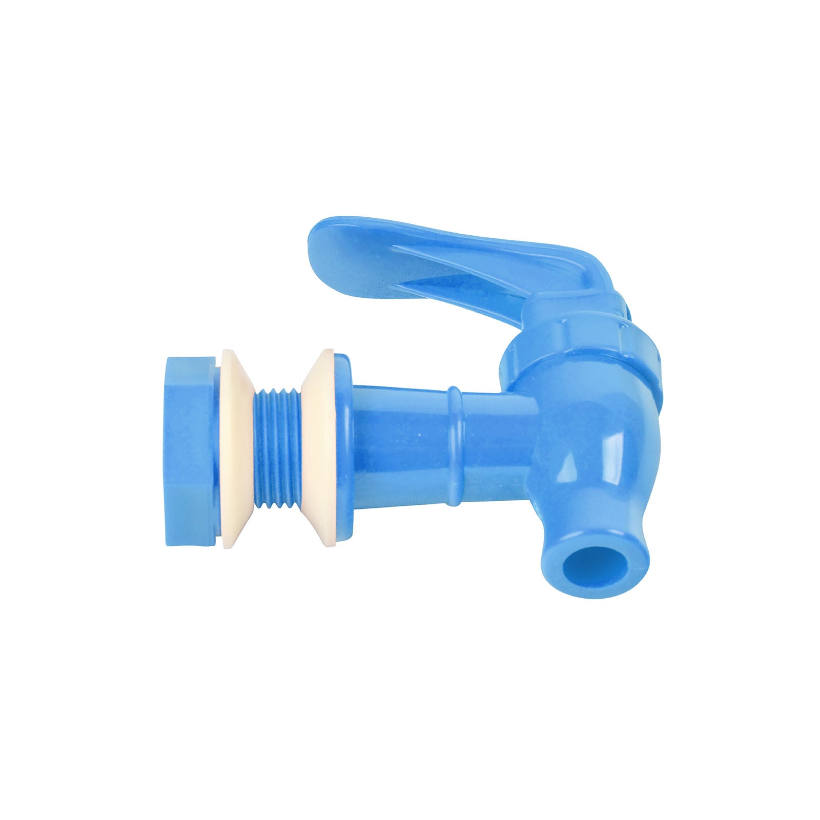 Brio Water Dispenser Replacement Valves (4-Pack) in blue are BPA-free plastic taps with lever handles and threaded ends, perfect for porcelain water crocks or bottle dispensers. Shown on a white background.