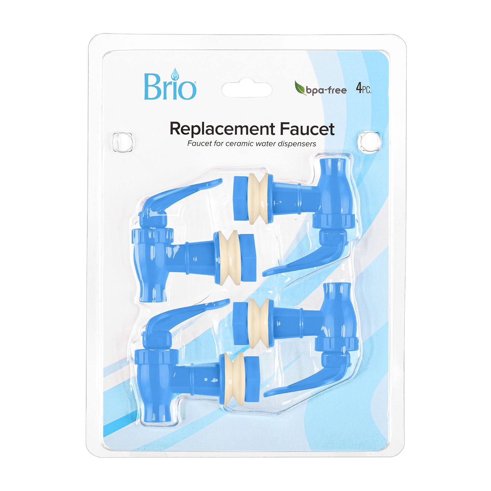 Four Brio Water Dispenser Replacement Valves (4-Pack) in blue with beige gaskets are packaged on a white card labeled BPA free, for use with porcelain water crocks and bottle dispensers.