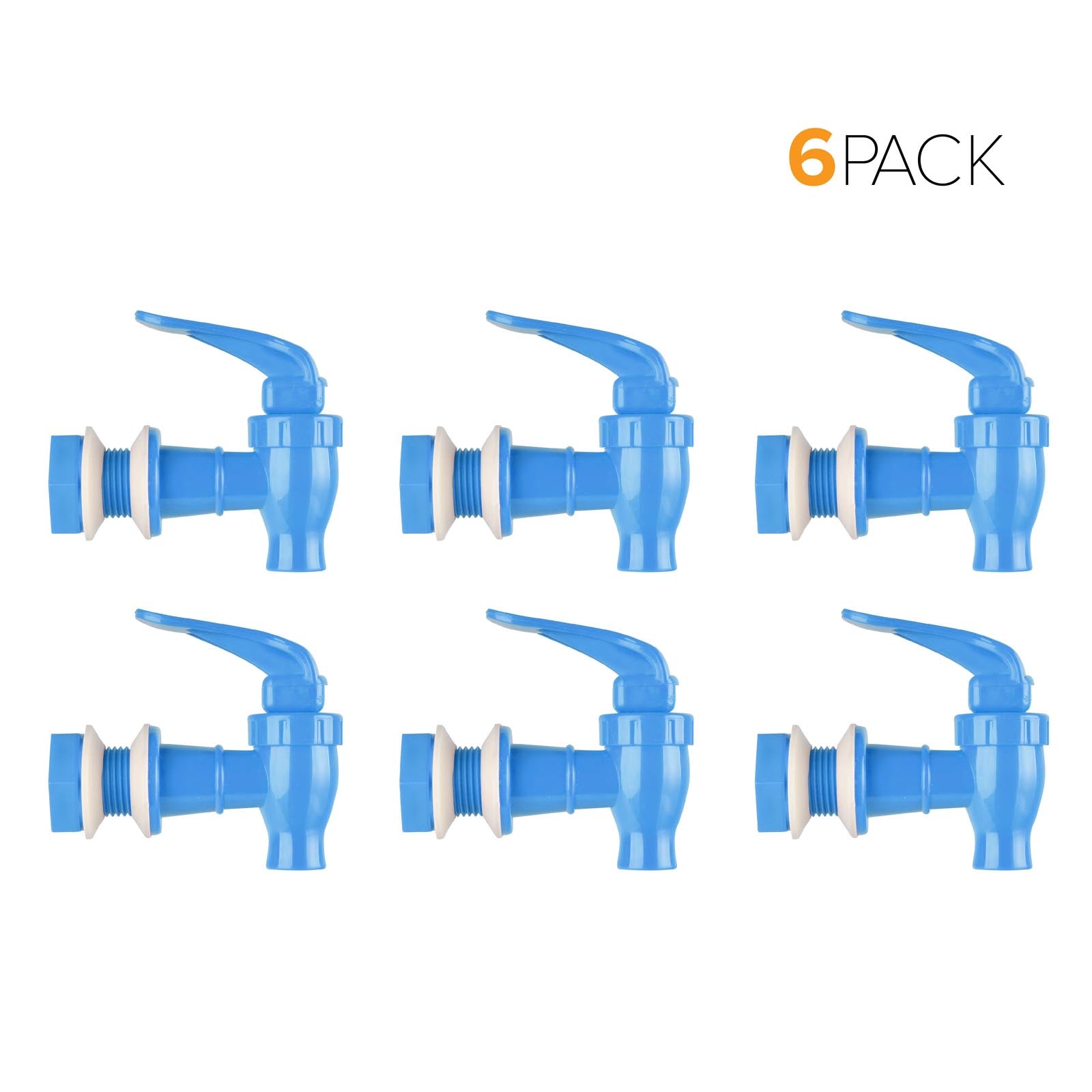 Six Brio Water Dispenser Replacement Valves (6-Pack), in blue with white washers, are displayed in two rows of three. "6 PACK" is shown in the top right corner.