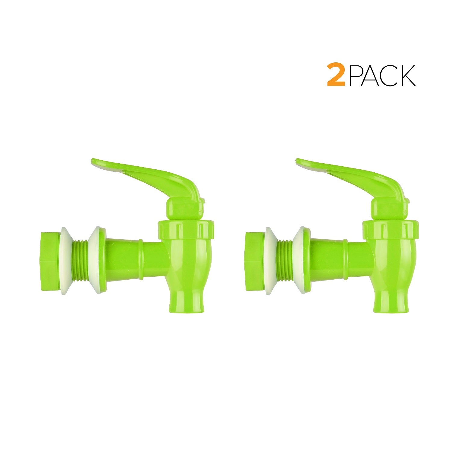 Brio Water Dispenser Replacement Valves (2-Pack) in bright green plastic with lever handles and white fittings; perfect for water bottle dispensers or porcelain crocks. BPA free. “2 PACK” displayed in the upper right on a white background.