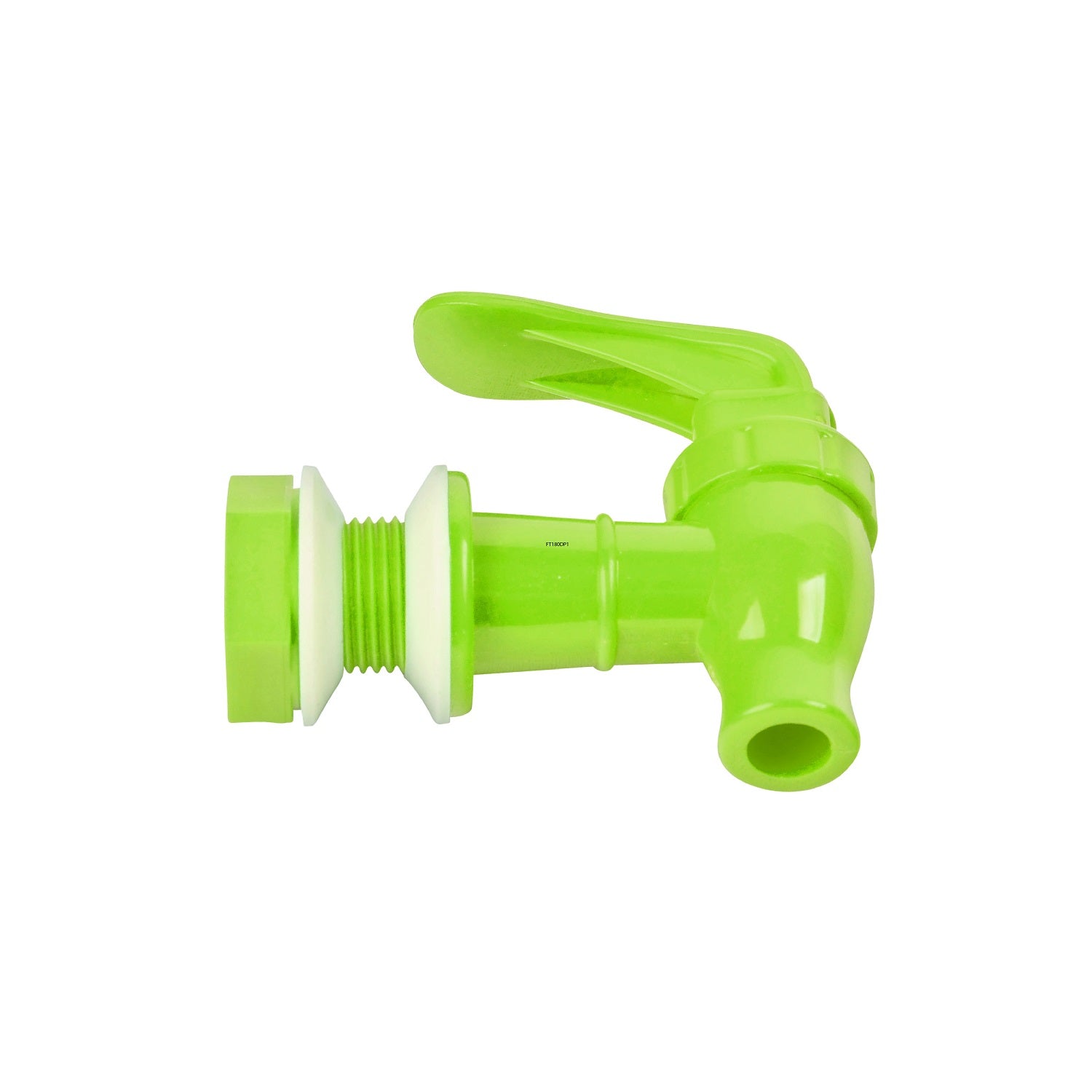 A side view of a bright green Brio Water Dispenser Replacement Valve (2-Pack), BPA free with a lever handle and threaded connector, ideal for installing on water bottle dispensers or porcelain water crocks. Shown on a plain white background.