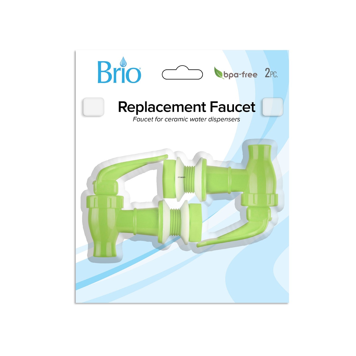 Brio Water Dispenser Replacement Valves (2-Pack) in green, BPA free, compatible with porcelain water crocks or bottle dispensers. Package shows two green valves on a white and blue background. Multiple colors available.
