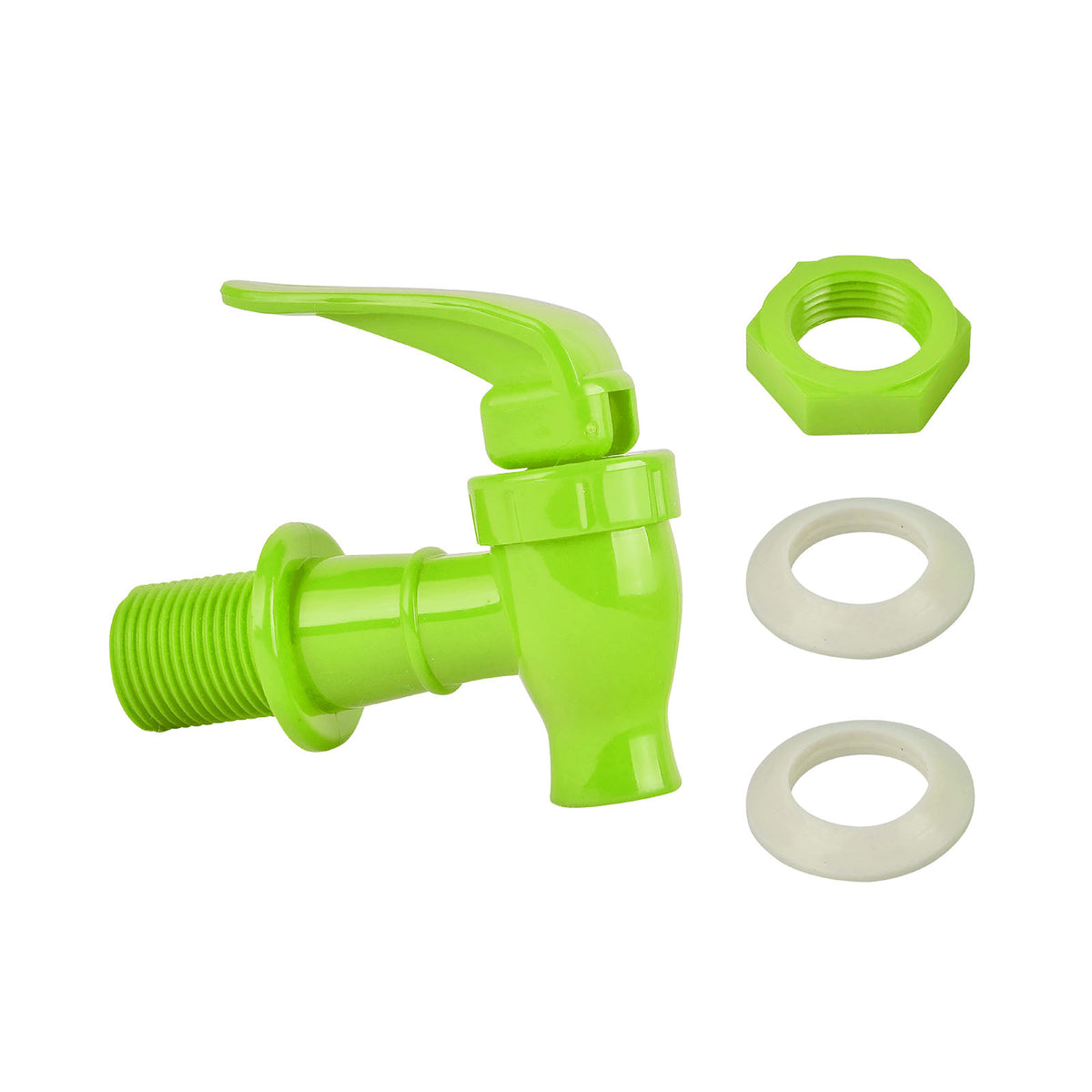 A bright green Water Dispenser Replacement Valve (4-Pack, multiple colors), made of BPA-free plastic with a handle, includes a matching green nut and two white washers—perfect for water bottle dispensers.