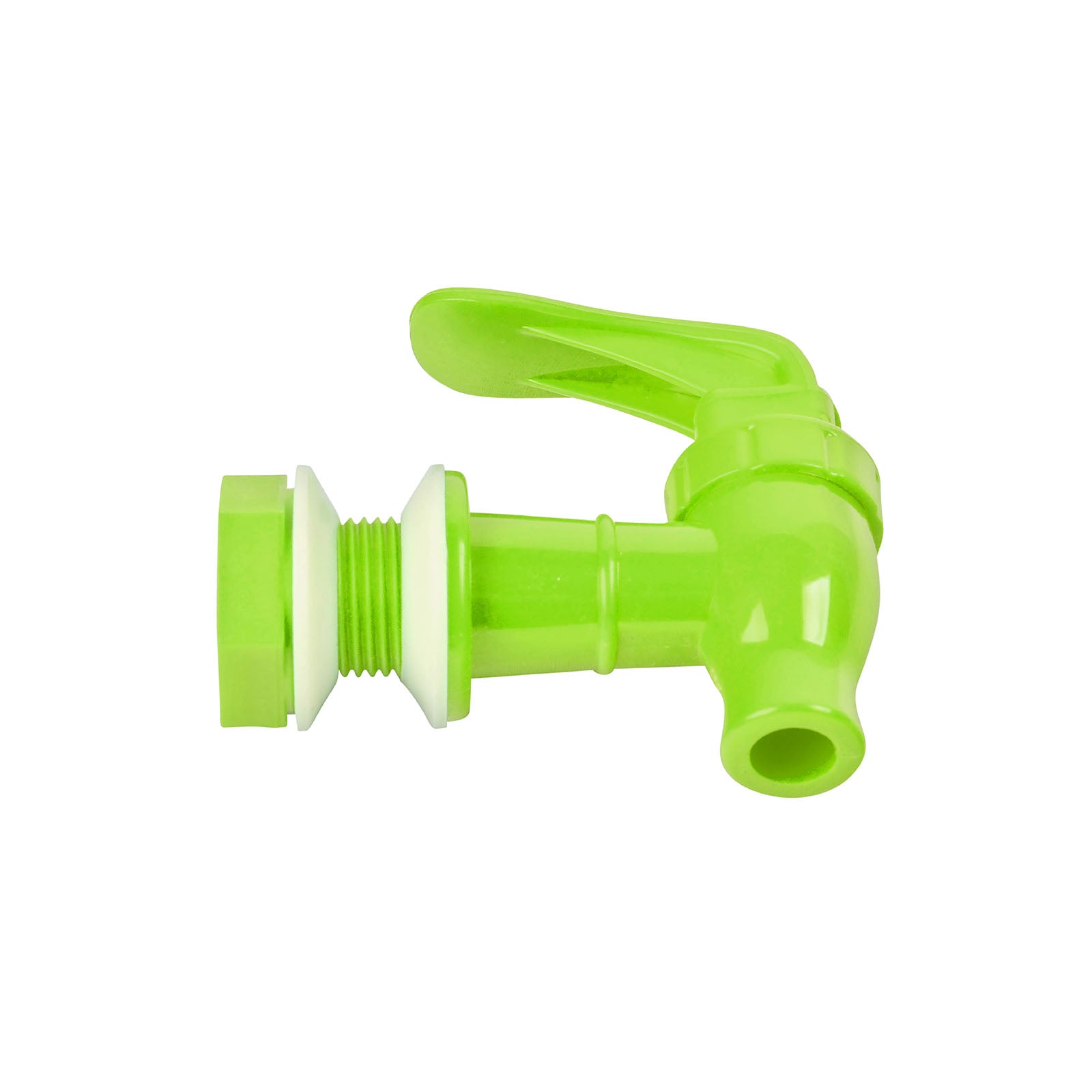 Brio Water Dispenser Replacement Valves (4-Pack) in bright green, BPA free plastic with a lever handle, shown side view on white background; perfect for porcelain water crocks or bottle dispensers.
