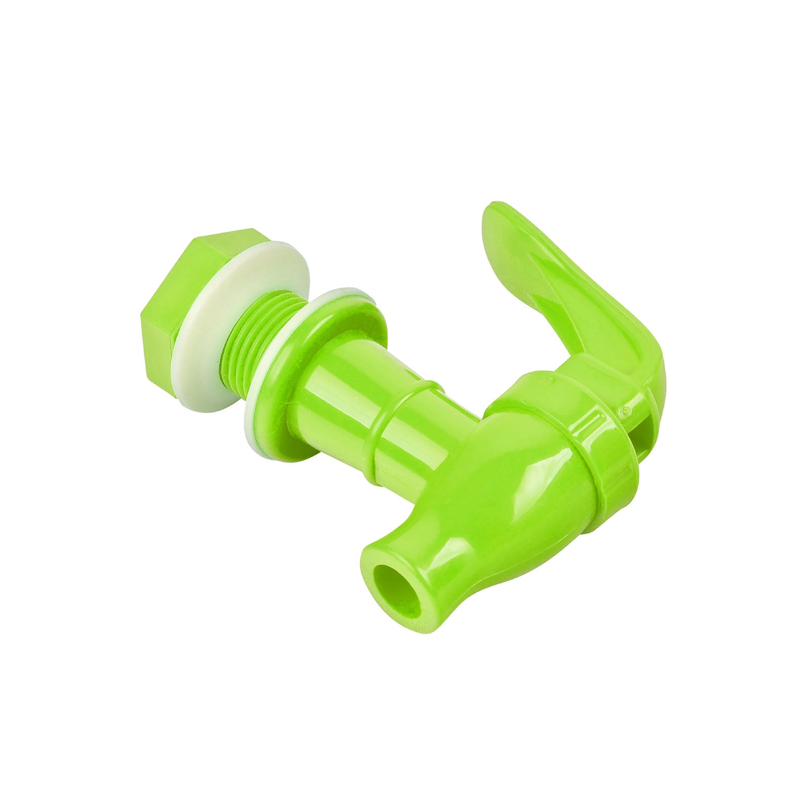 A bright green Brio Water Dispenser Replacement Valve (4-Pack), BPA free plastic with lever handle and threaded nut, ideal for water bottle dispensers, shown isolated on a white background.