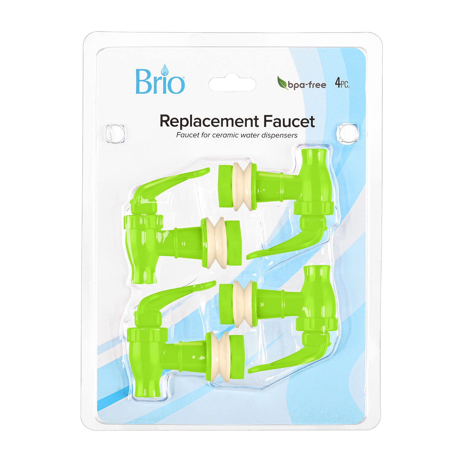 Brio Water Dispenser Replacement Valves (4-Pack) – Multiple Colors: Four green, BPA-free valves with beige connectors on a white and blue Brio card, designed for porcelain water crocks or bottle dispensers.