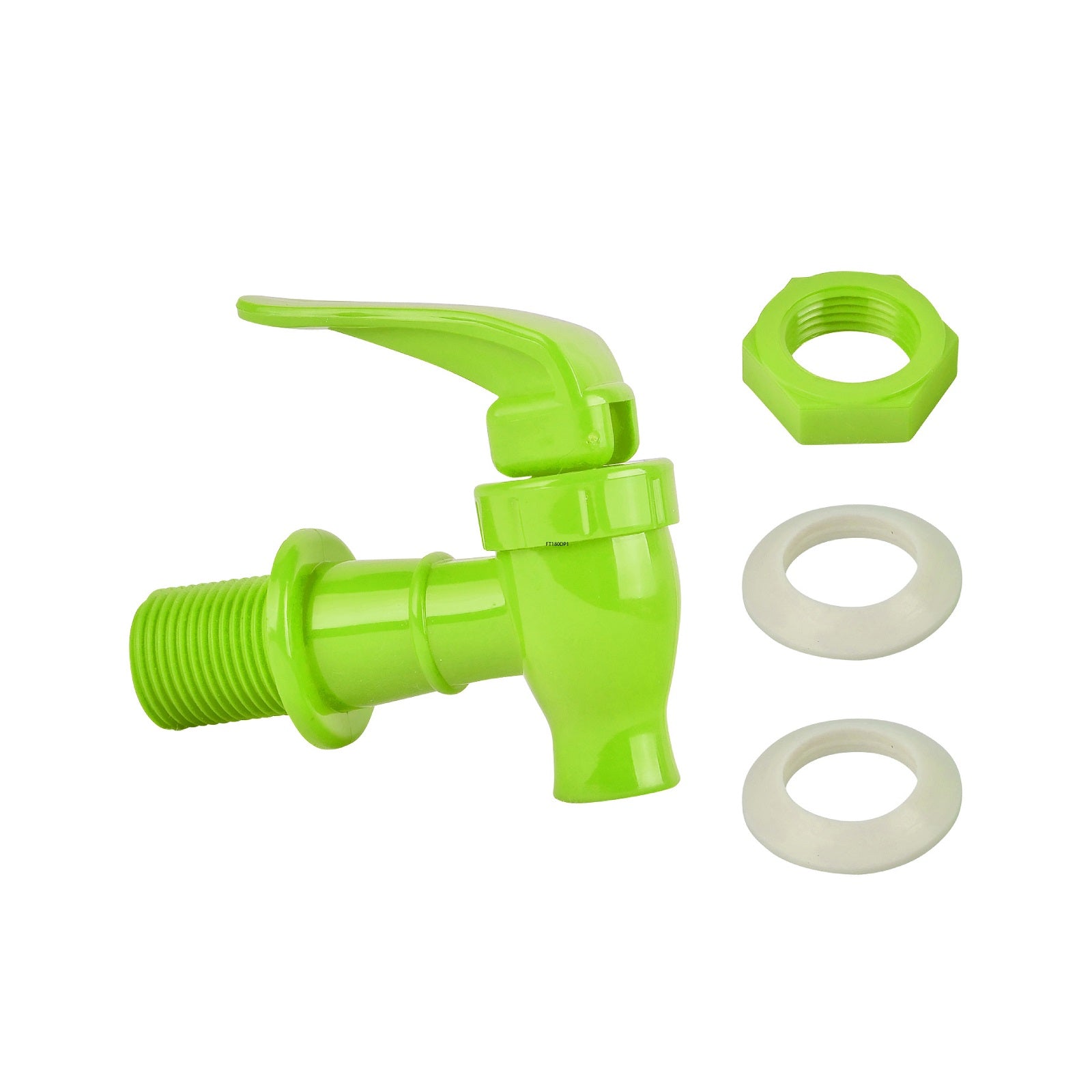 A Brio Water Dispenser Replacement Valve in bright green BPA-free plastic with a lever handle, plus a green threaded nut and two white washers, is displayed on a white background.