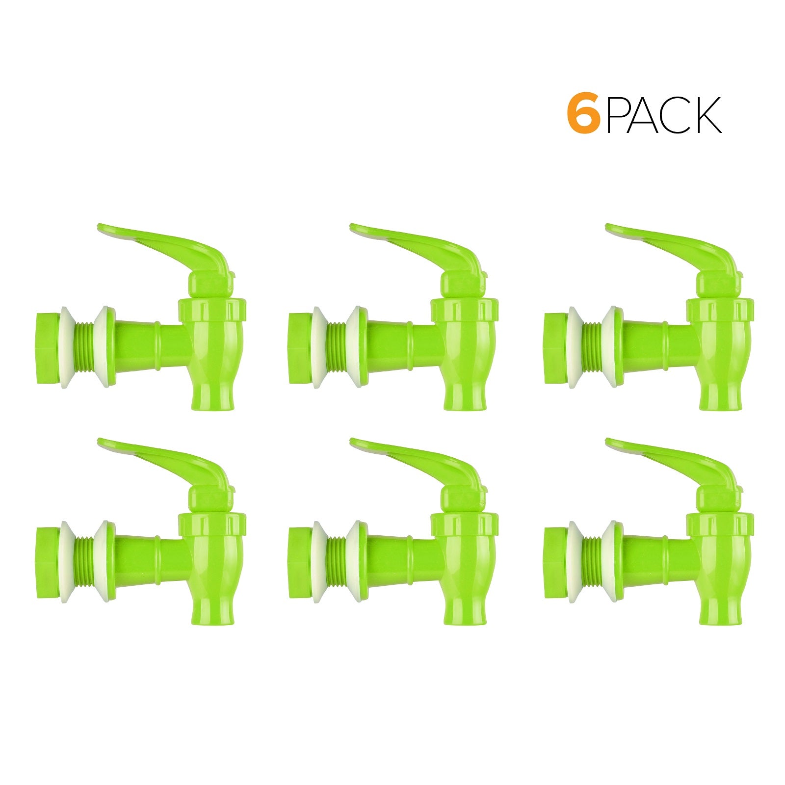 Six Brio Water Dispenser Replacement Valves (6-Pack) in green, made from BPA-free, food-grade plastic, are displayed in two rows of three. "6 PACK" is shown at the top right against a white background.